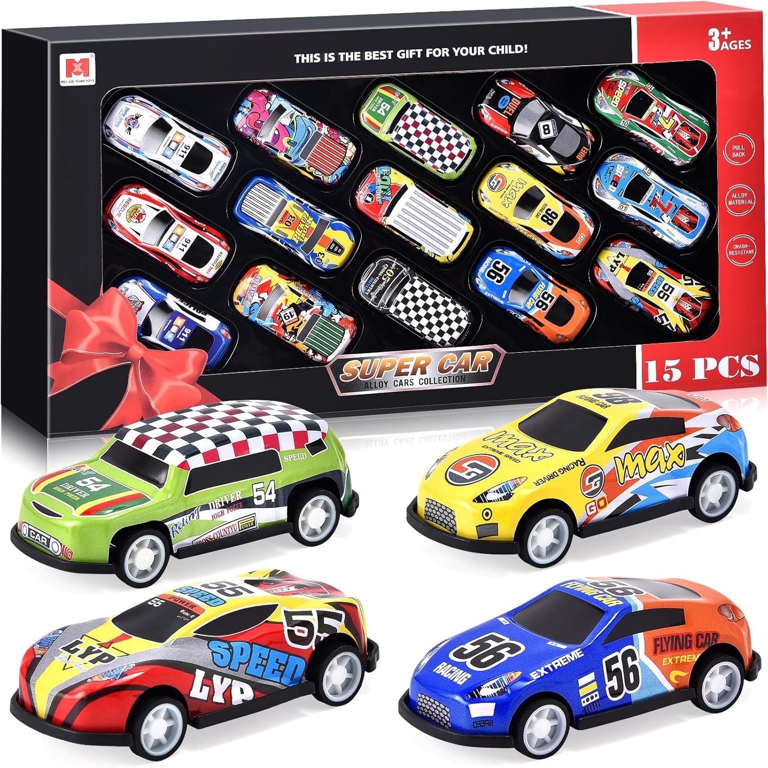 Juego de 15 piezas de autos de carreras de juguete de juguete, 3 pulgadas, de aleación de metal, fundidos a presión a presión a presión para niños