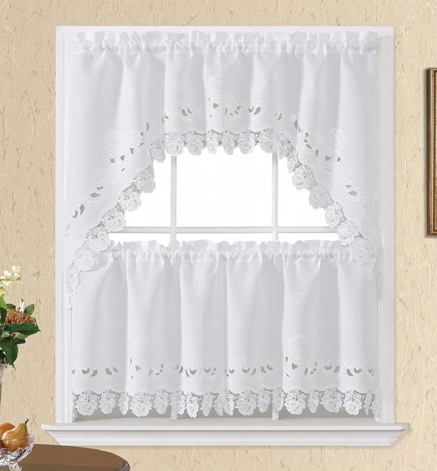 GOHD – Cortinas de cocina de rosario de encaje, juego de 3 cortinas y cenefas de cocina, elegante tela blanca con bordado de rosas y encaje (color