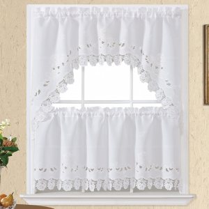 GOHD – Cortinas de cocina de rosario de encaje, juego de 3 cortinas y cenefas de cocina, elegante tela blanca con bordado de rosas y encaje (color GOHD – Cortinas de cocina de rosario de encaje, juego de 3 cortinas y cenefas de cocina, elegante tela blanca con bordado de rosas y encaje (color