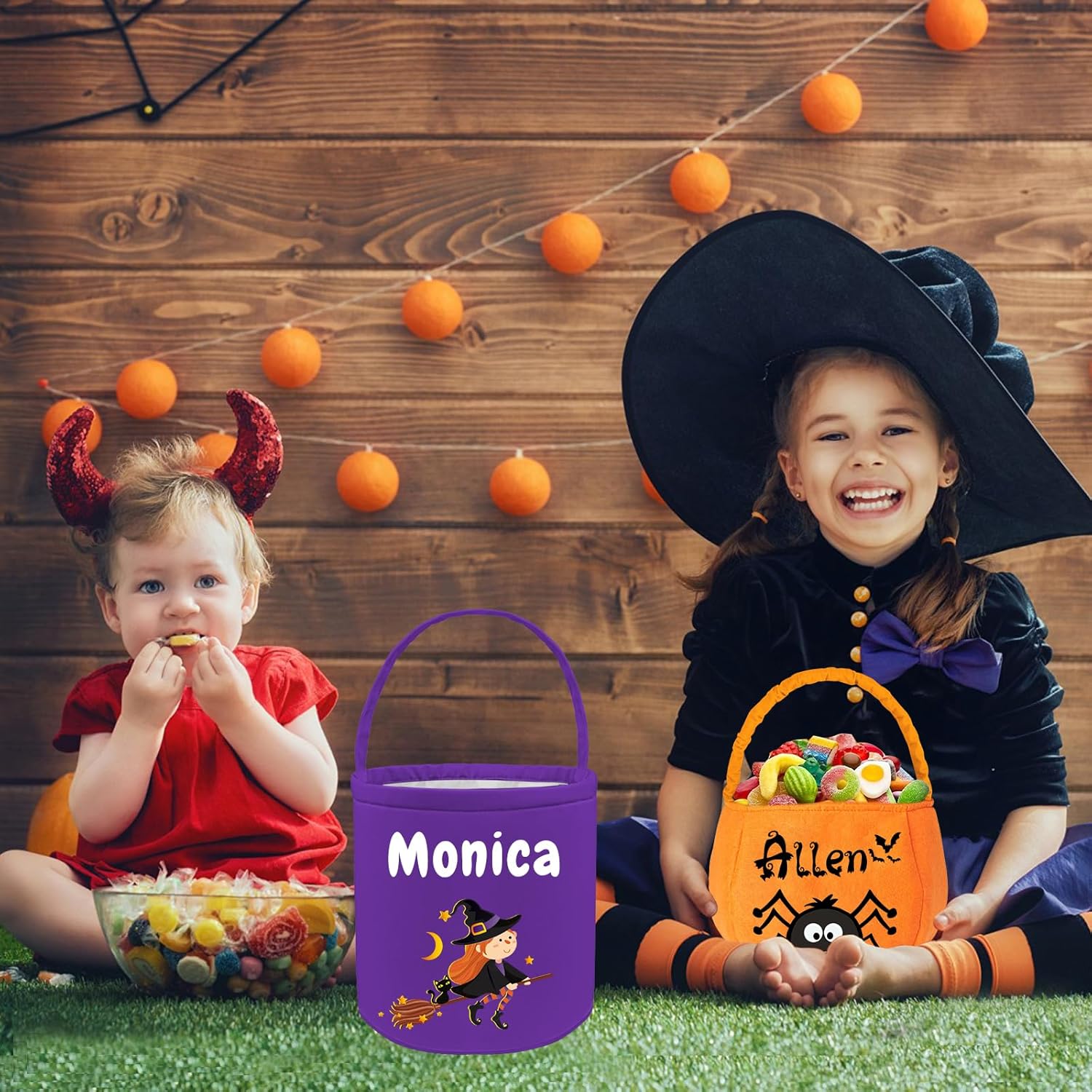 FwSYouMAI Cubo de Halloween personalizado con nombre, 12 patrones impresos, cestas de truco o trato para niños, cesta de fiesta de dulces