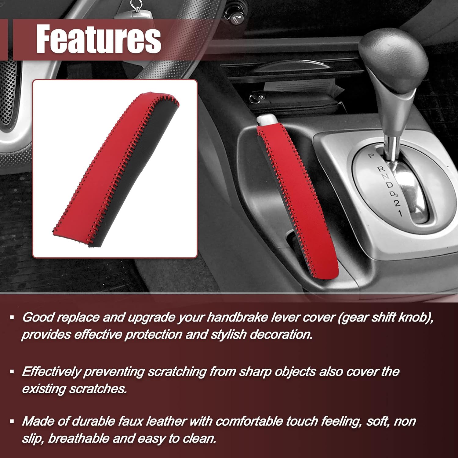 X AUTOHAUX Manija de coche manga freno de mano cubierta protector interior accesorios decoración negro rojo imitación cuero para Honda Civic 06-11