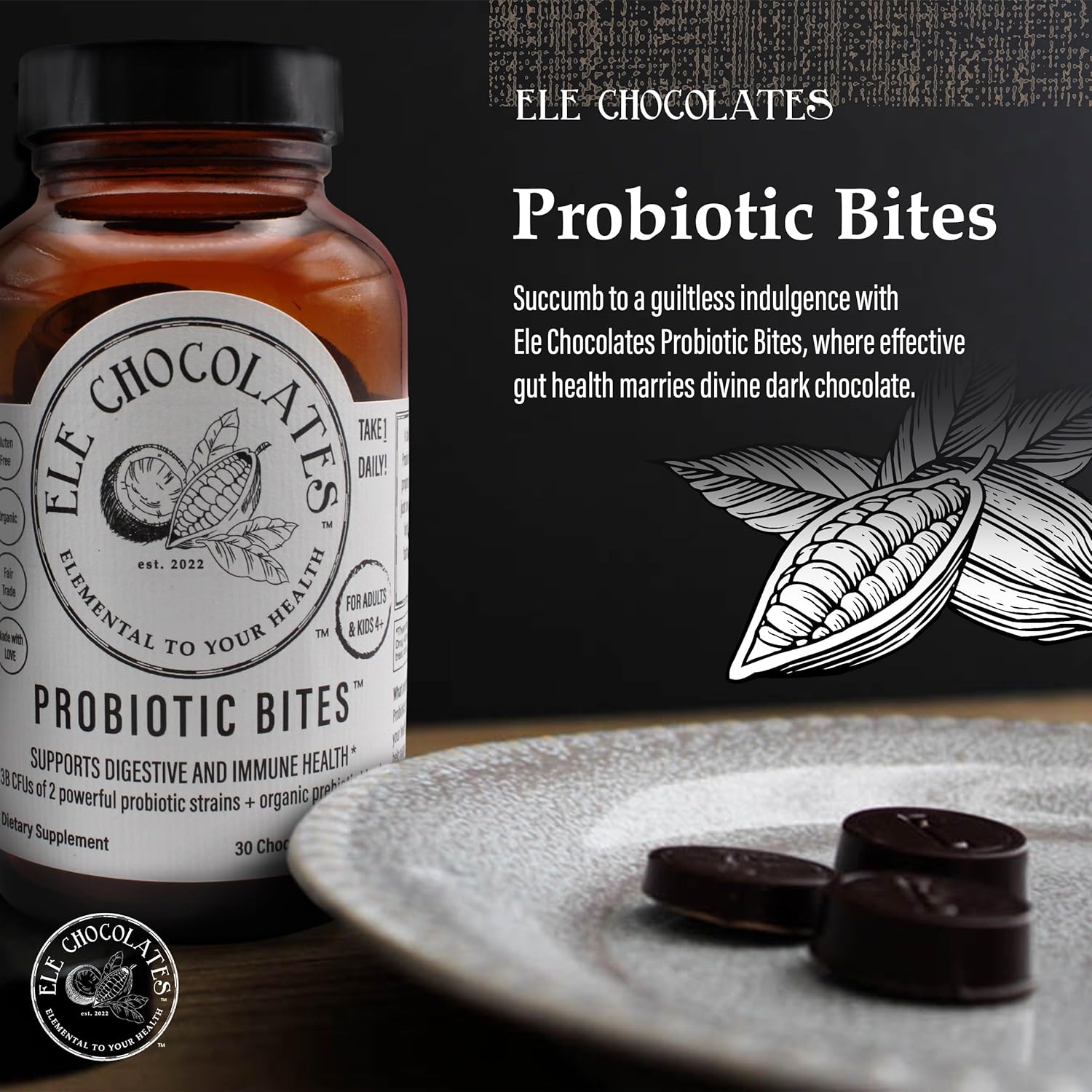 Ele Chocolates Suplemento probiótico diario de chocolate negro muerde 3 mil millones de UFC para la salud intestinal digestiva, apoyo inmunológico