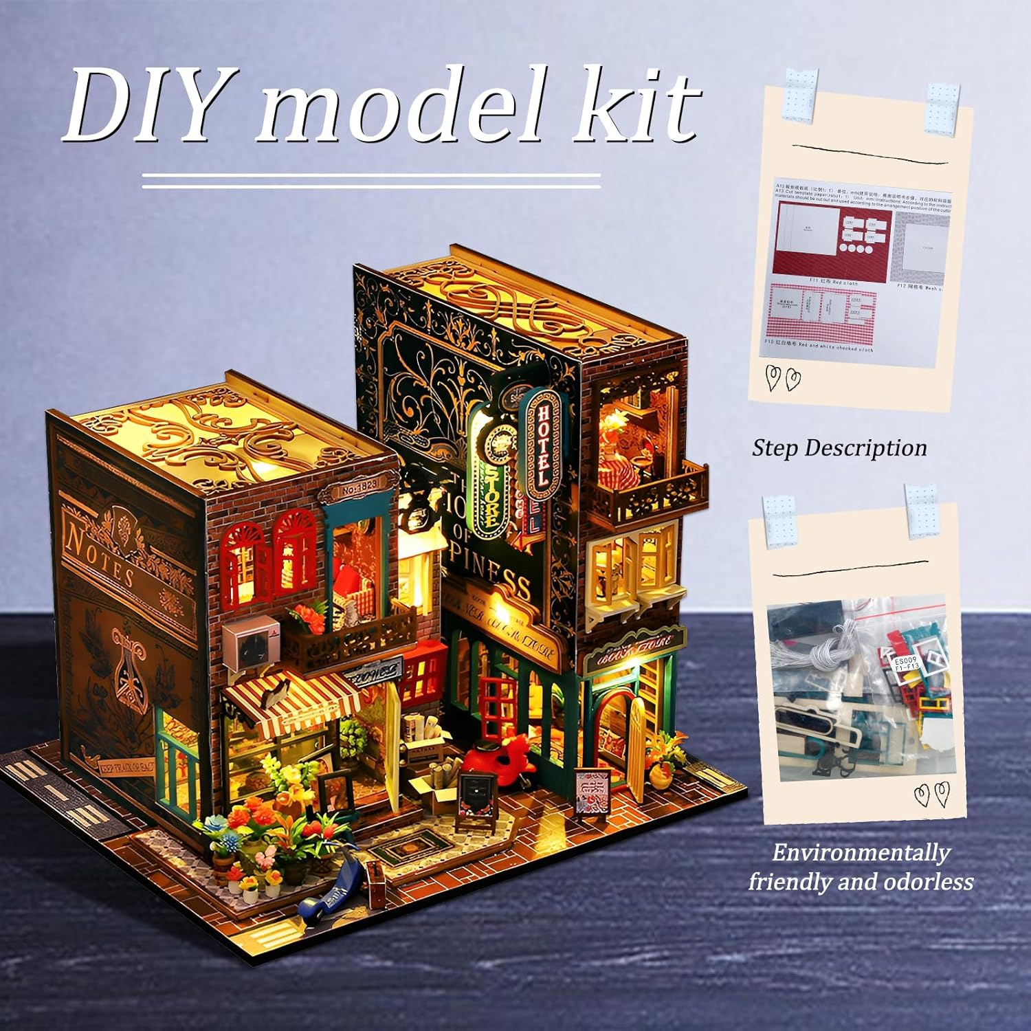 Tzgsonp Kit de rincón de libros, casa de muñecas de bricolaje, estante de libros, decoración de callejón con luz LED, kit de rincón de libros en