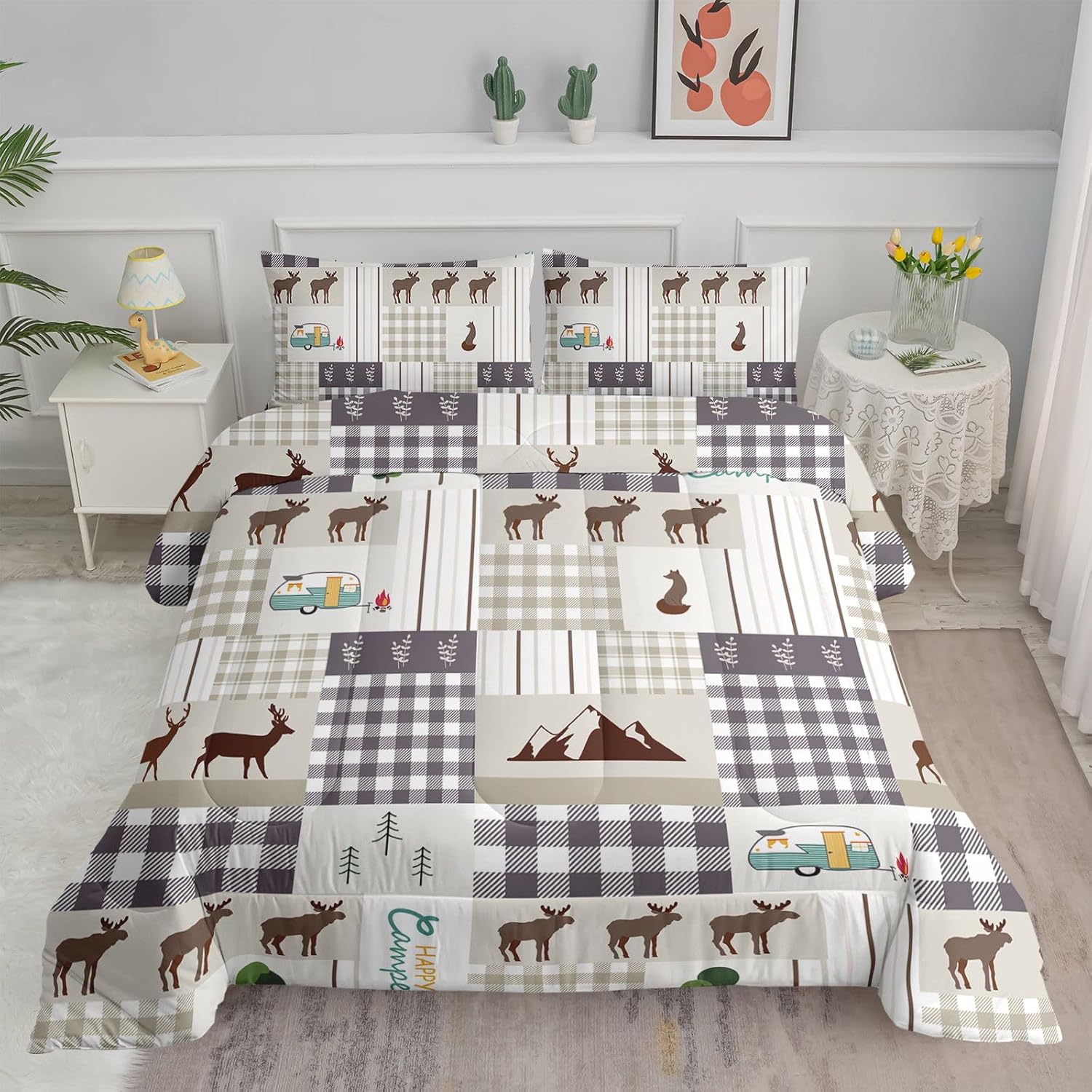 Datura home Happy Camper – Juego de edredón rústico con estampado de ciervos y camper con 1 edredón y 2 fundas de almohada para dormitorio de niños