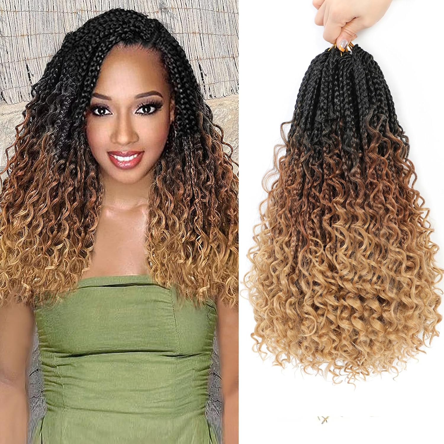 Liang Dian 8 paquetes de trenzas de cabello de ganchillo con extremos rizados de 18 pulgadas, trenzas de caja diosa de cabello bohemio de ganchillo