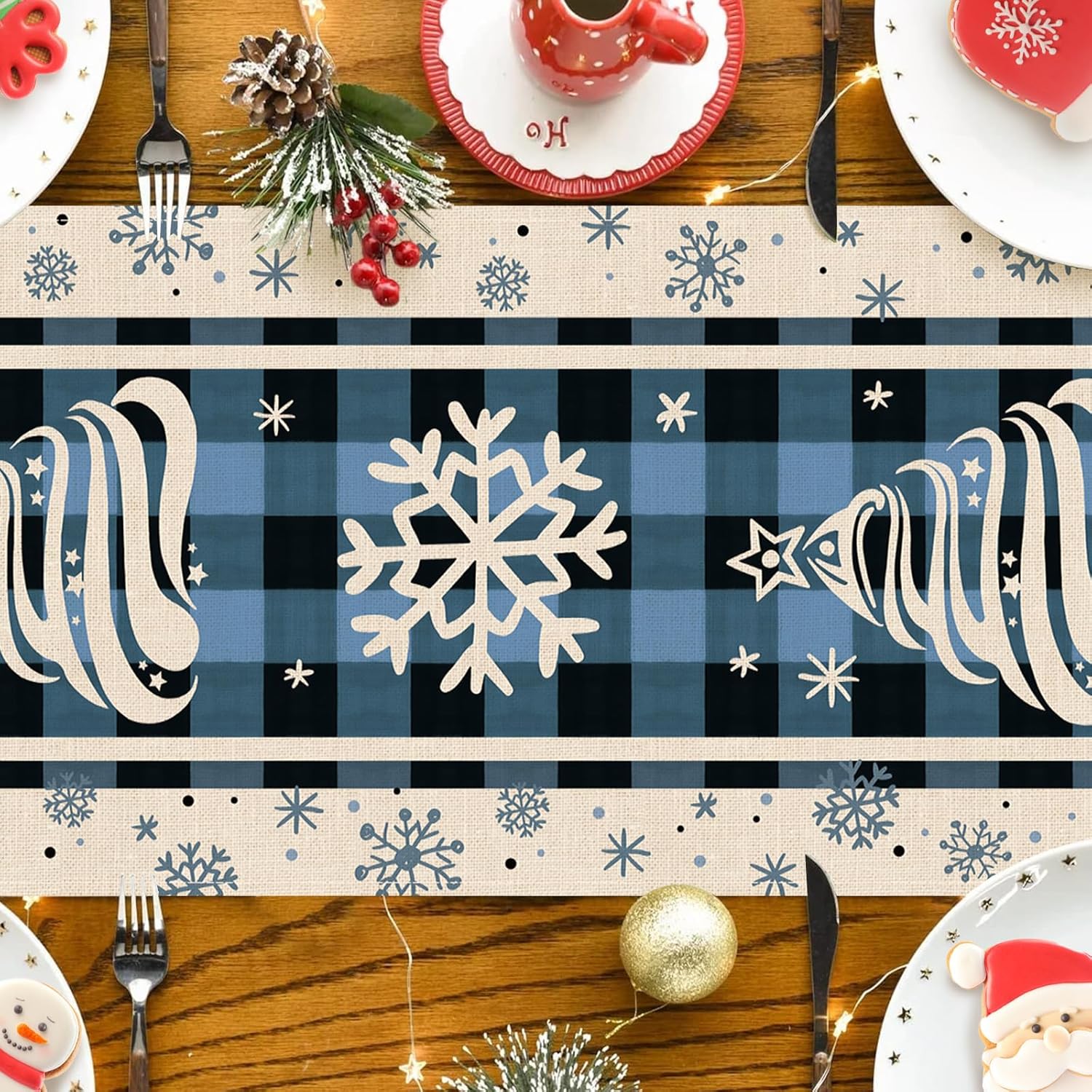 Seliem Camino de mesa de árbol de Navidad con copos de nieve de invierno, decoración de mesa de comedor de búfalo azul de Navidad, decoración de