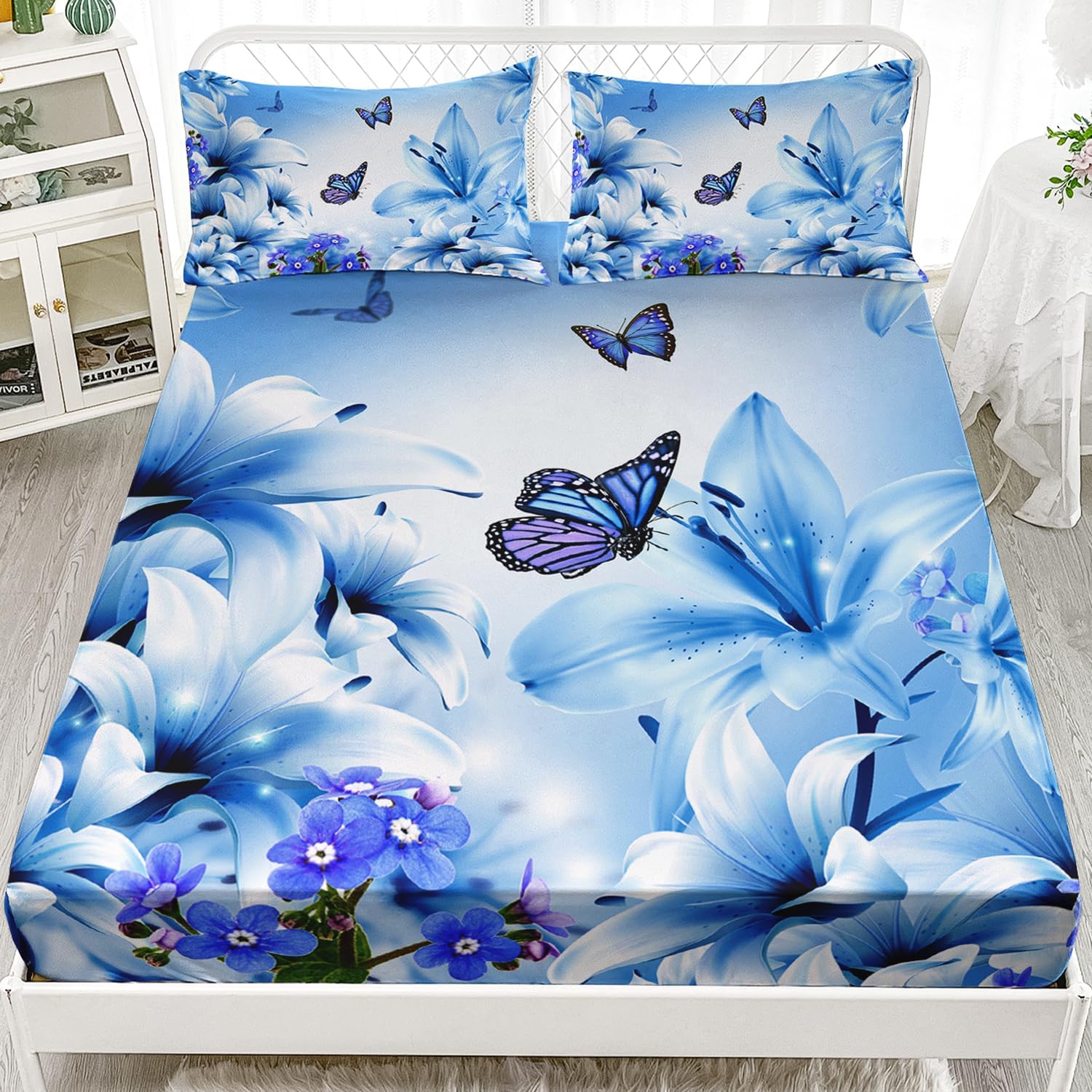 AILONEN Juego de sábanas bajeras de mariposa tamaño matrimonial, juego de sábanas de flores botánicas, juego de ropa de cama de mariposa voladora,