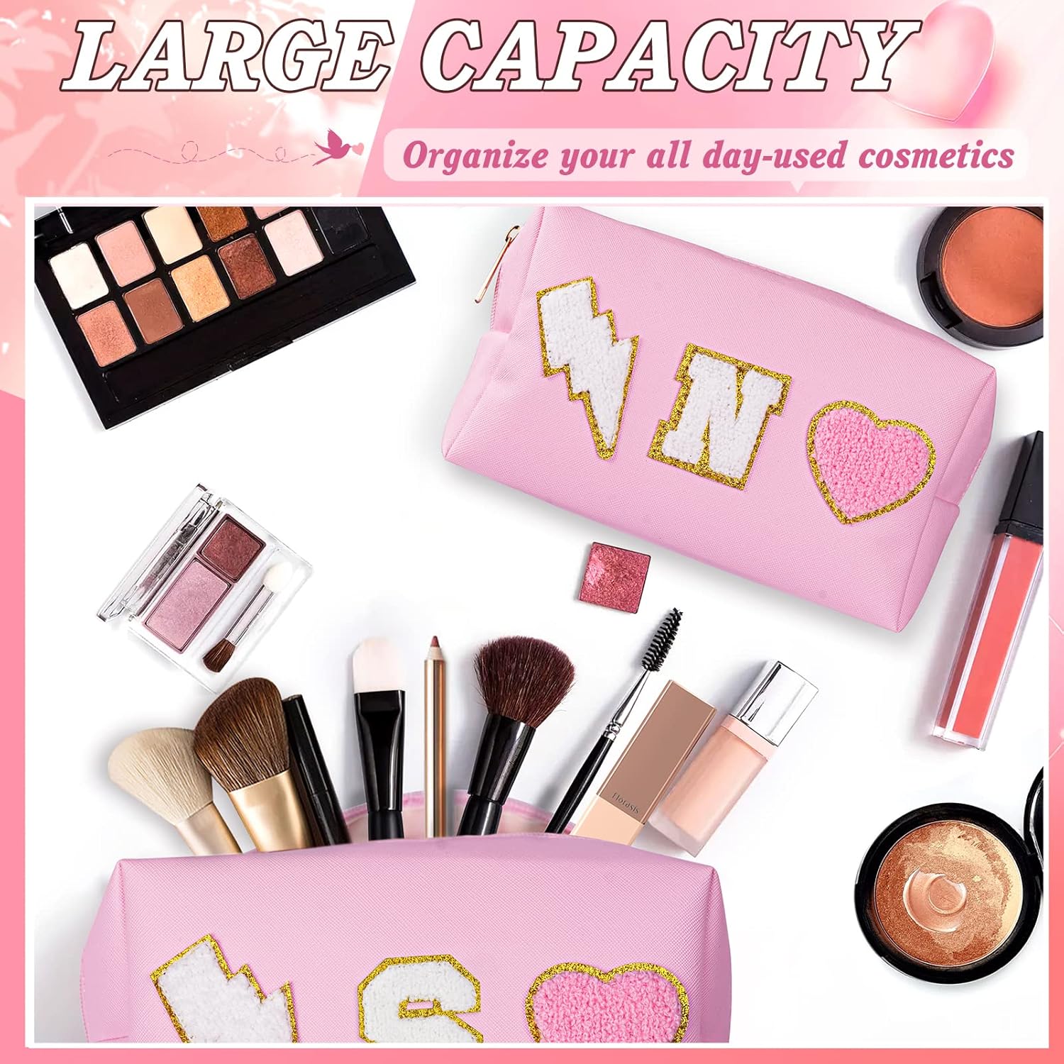 Bolsa de maquillaje preppy con inicial, regalo personalizado para mujeres, Rosado, Small (3