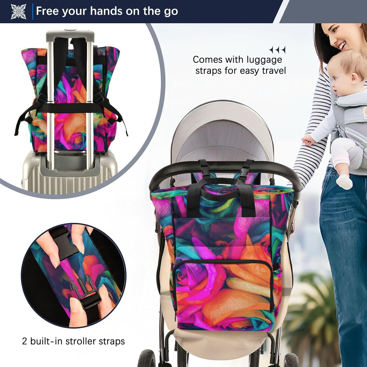 Mochila para pañales con diseño de rosas y flores arcoíris, bolsa de bebé grande, mochila de viaje multifuncional, bolsa de pañales de maternidad