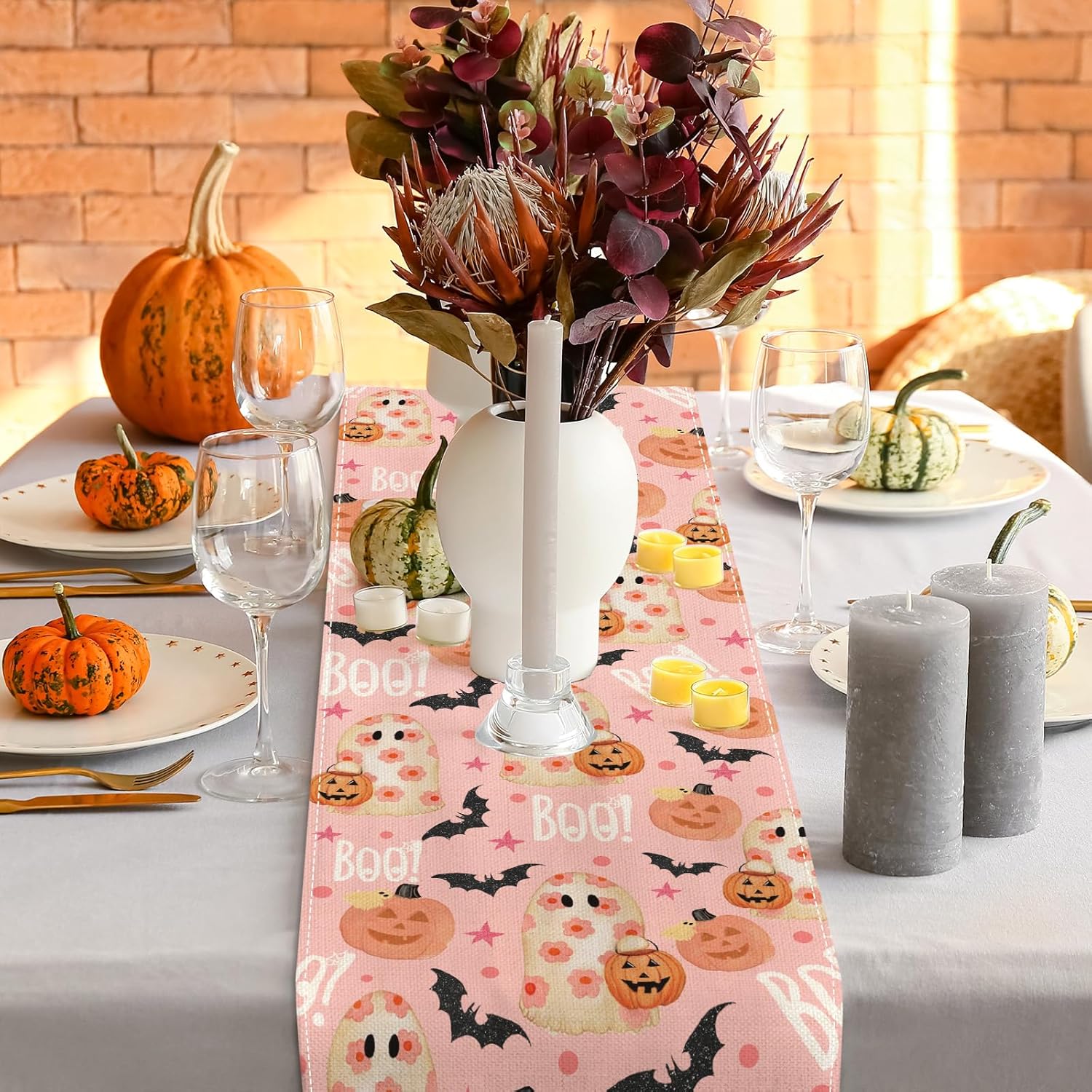AnyDesign Camino de mesa de Halloween de color rosa, fantasma, calabaza, cubierta de mesa de cocina, comedor, decoración de mesa de Halloween,