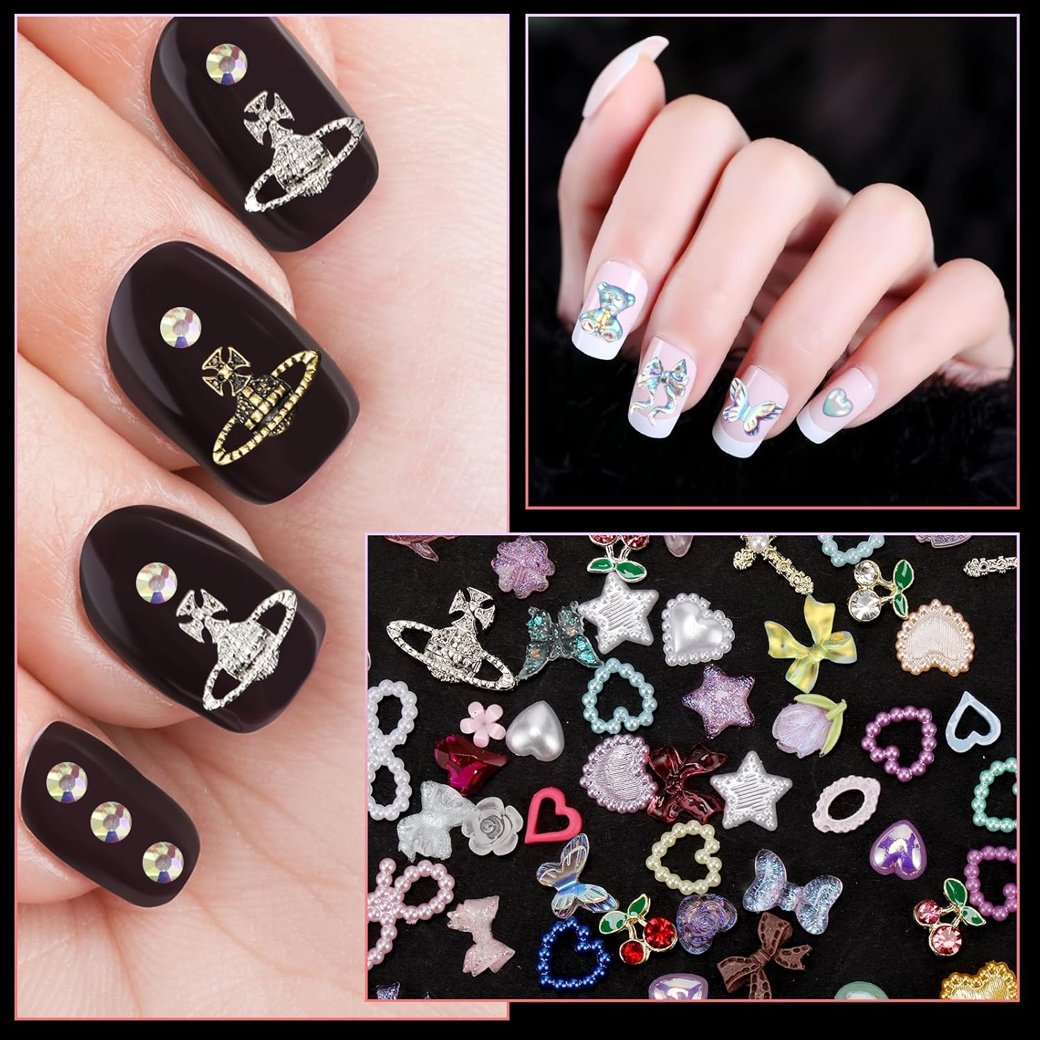 Dijes de uñas de colores surtidos 3D, dijes de aleación de planeta para uñas, dijes de uñas cruzadas, corazón acrílico, flor de mariposa, lazo,