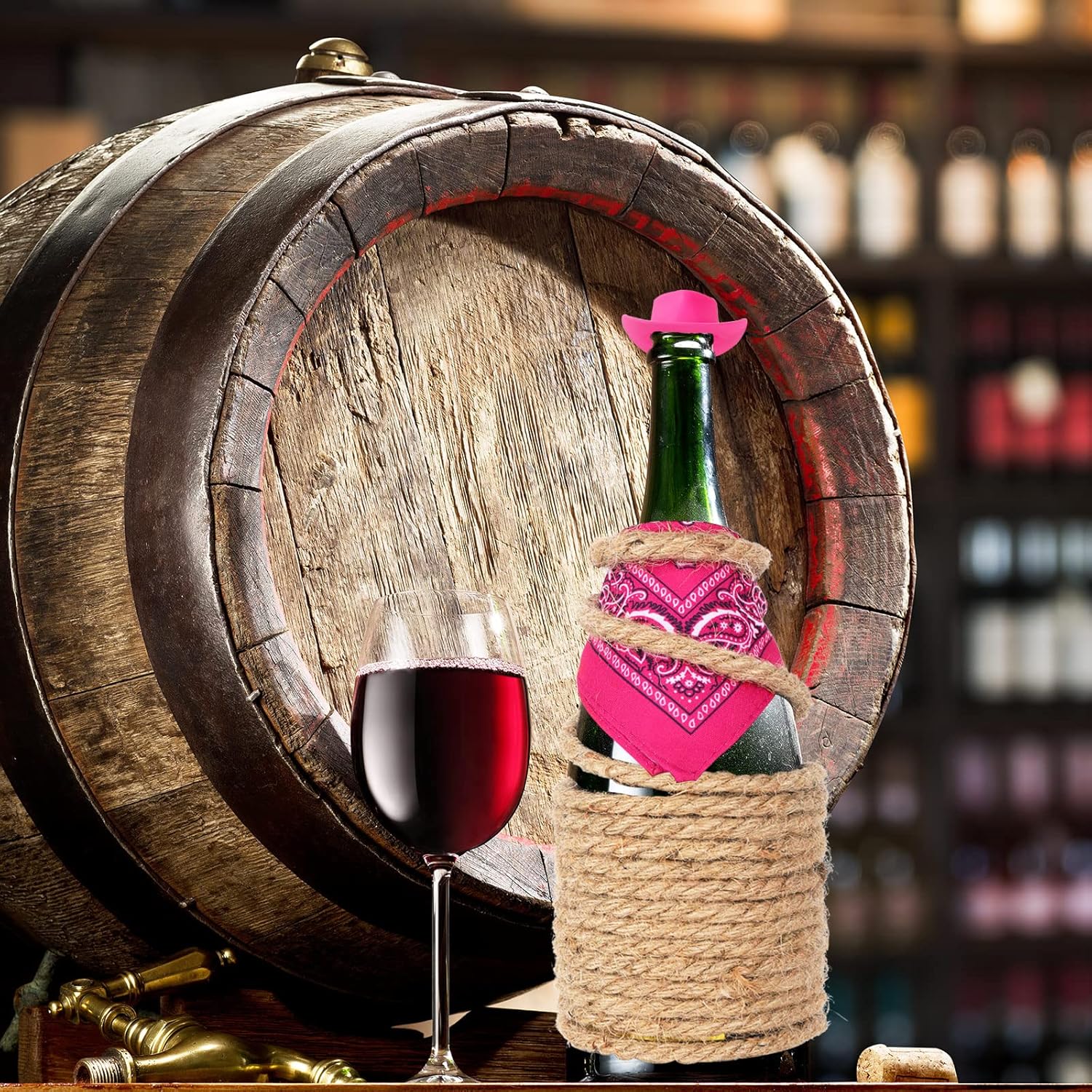 Whaline 20 sombreros de vaquero occidentales con mini bandanas, sombrero miniatura rosa, mini vaquera botella de vino rosa, para disfrazarse,