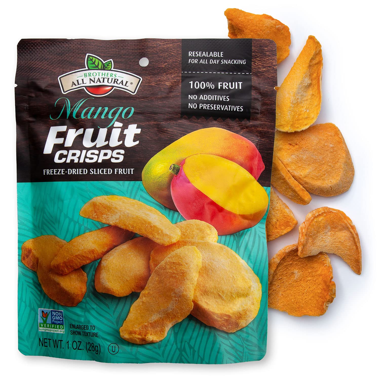 Brothers All Natural, Frutas fritas liofilizadas de mango, sin gluten, sin OMG, nada añadido, bolsa resellable de 1 onza (paquete de 8)