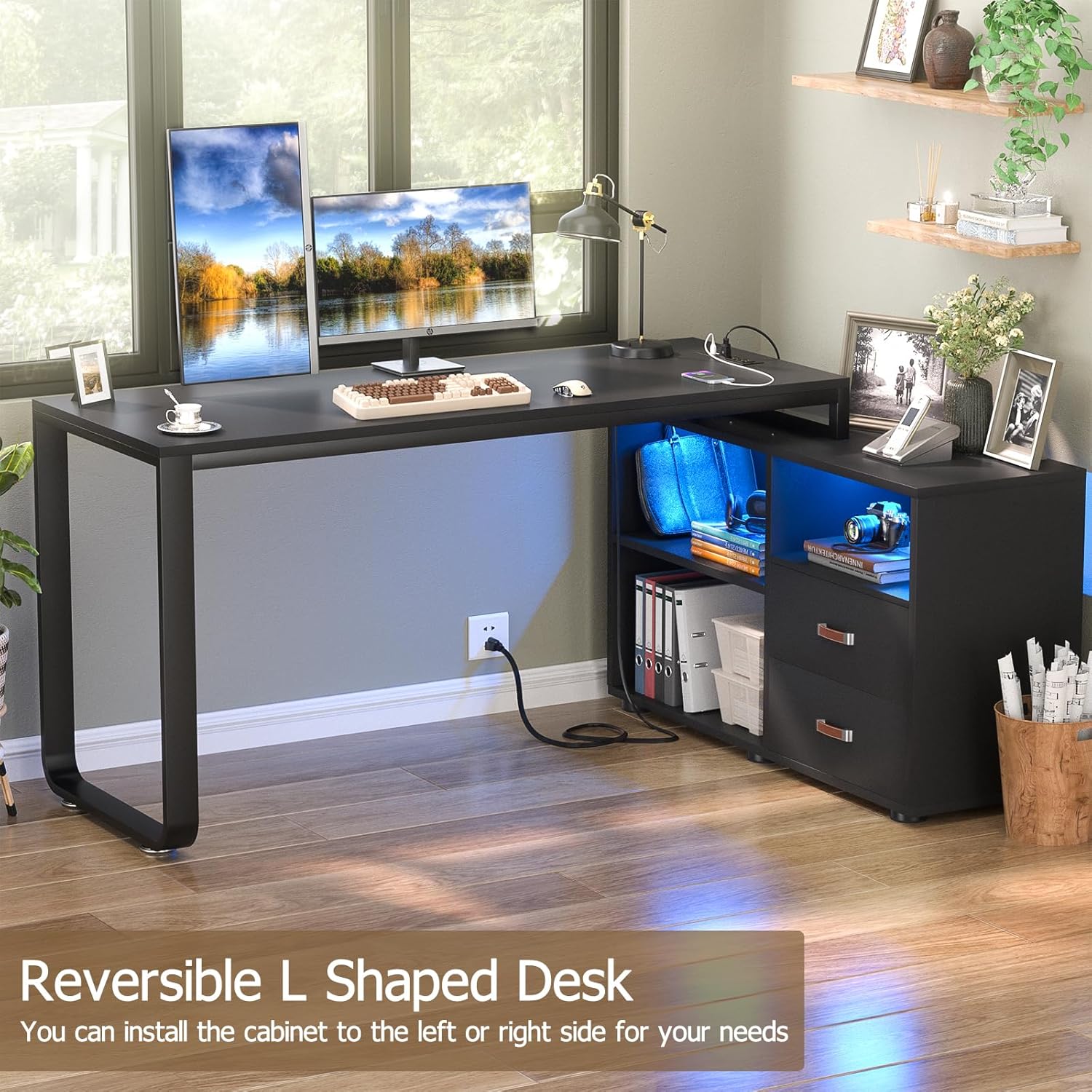 Homieasy Escritorio en forma de L con archivador y toma de corriente, escritorios reversibles de esquina grandes de 55 pulgadas con tira LED,