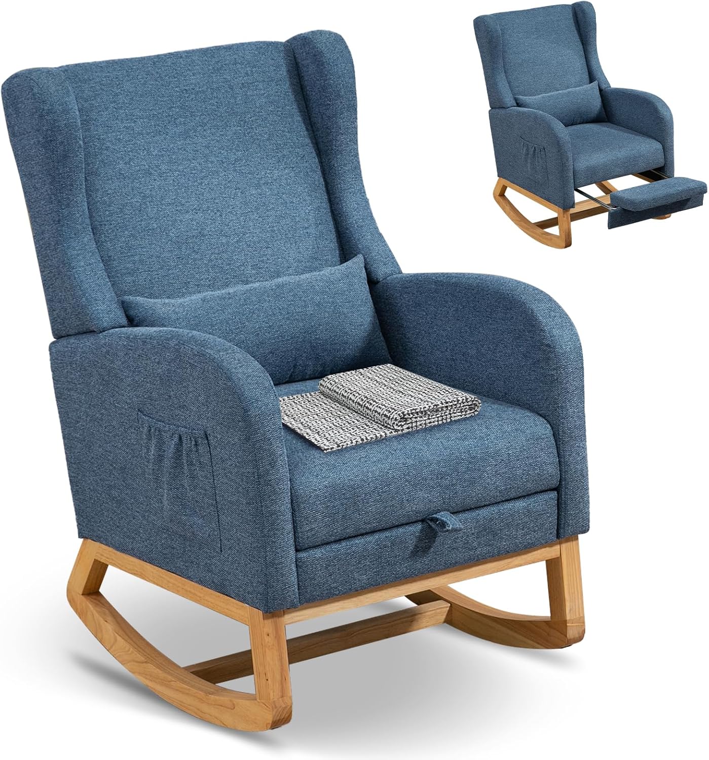 Dxacvkc Mecedora de poliéster con reposapiés ajustable, mecedora de respaldo alto con bolsillo lateral, almohada, silla decorativa con respaldo