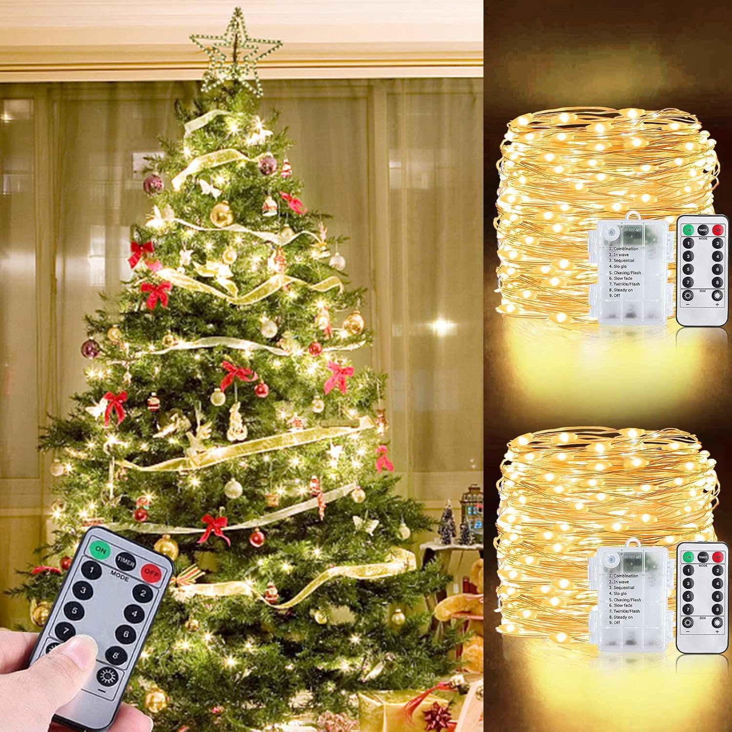 2 Pack & Timer  Total 240 LED Fairy String Lights,Battery Powered Copper Fairy Lights with Waterproof,Remote Control,8 Flashing Modes,Wedding