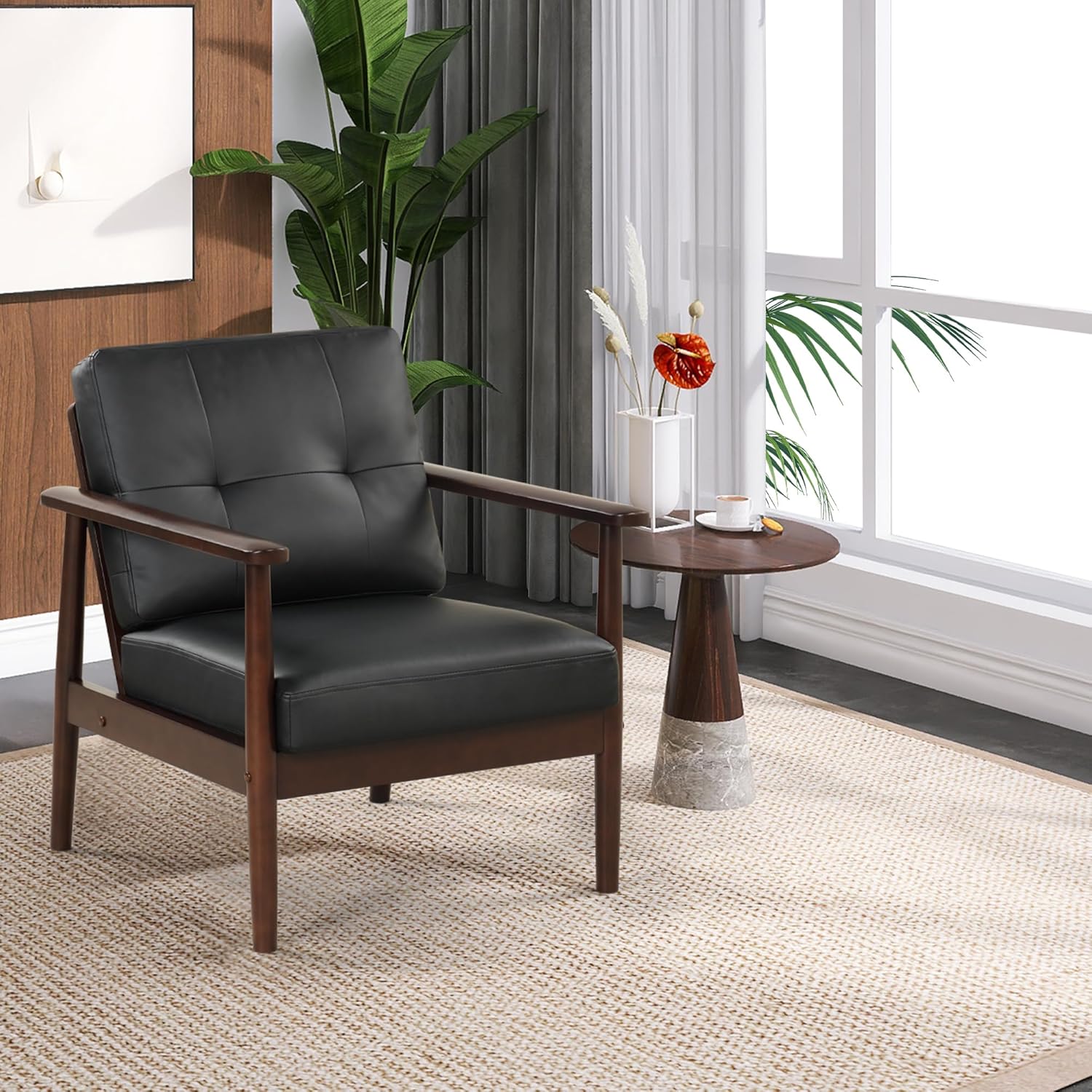 TYBOATLE Sillas decorativas retro modernas de mediados de siglo, sillón tapizado de piel sintética con marco de madera maciza y cojines extraíbles,