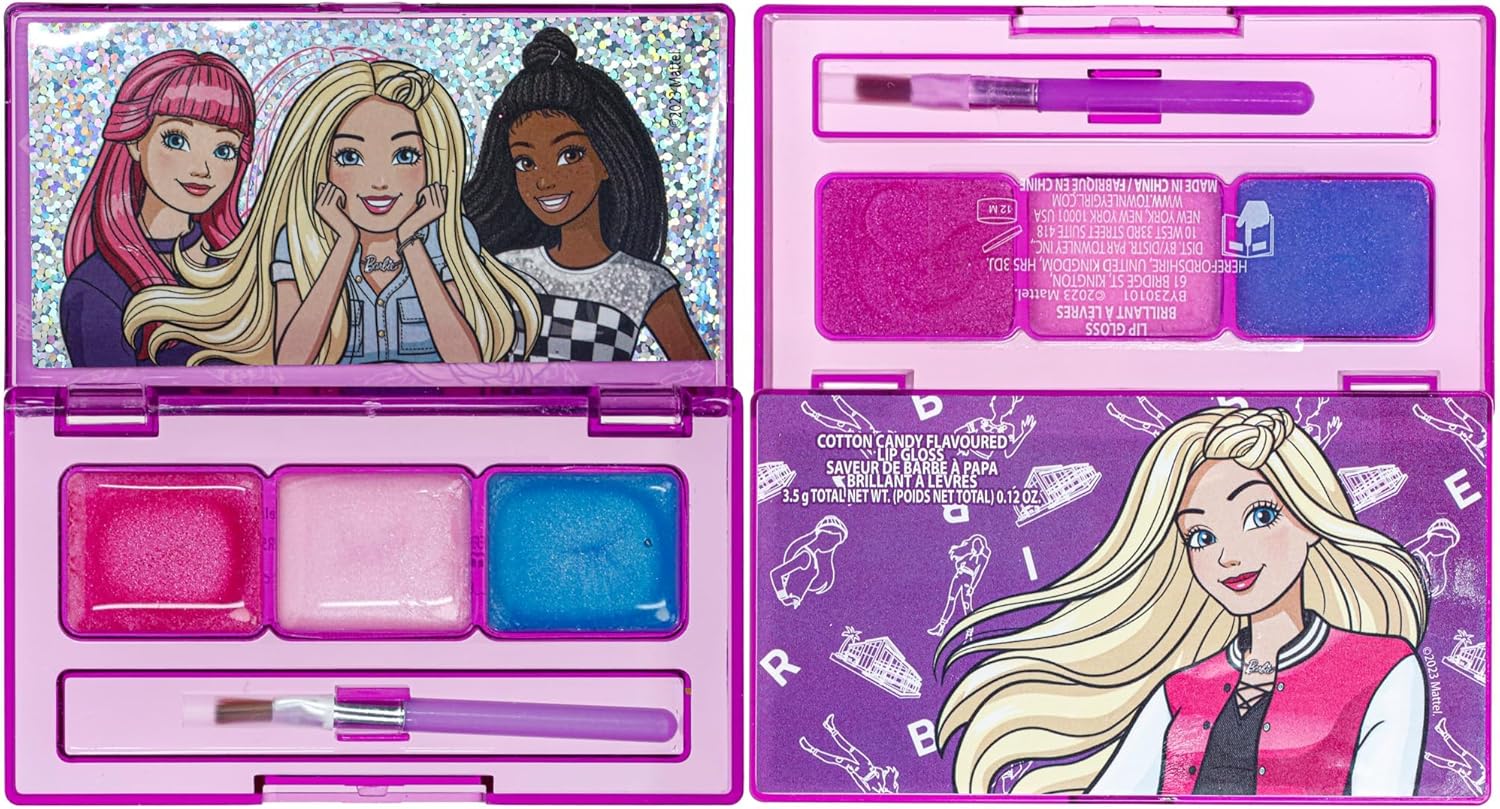 Barbie – Juego de mochila rellena de maquillaje Townley Girl con 12 piezas, incluye bálsamo labial, esmalte de uñas, lima de uñas, lazos para el