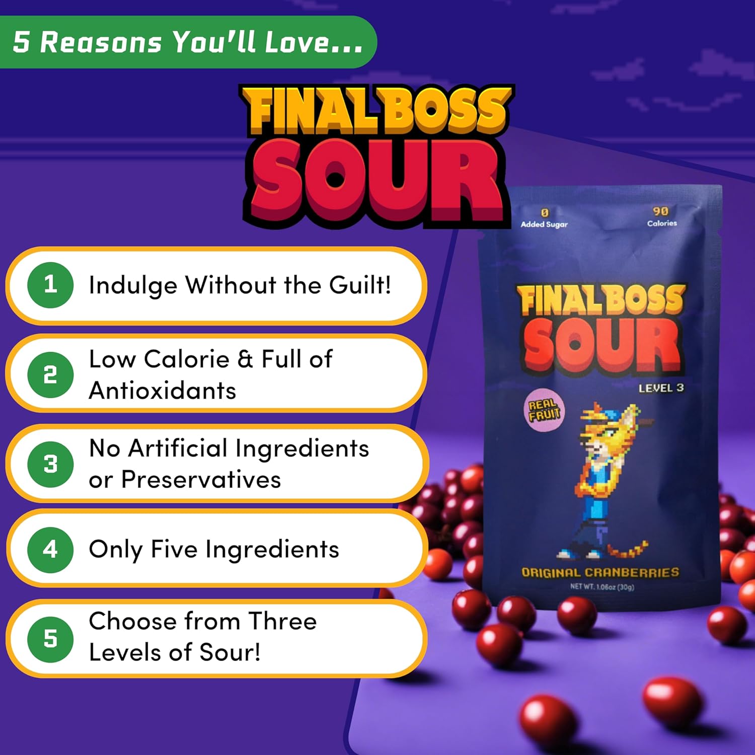 Final Boss Caramelos extremadamente ácidos, gomitas naturales de arándano masticables hechas con frutas secas, libres de colores artificiales,