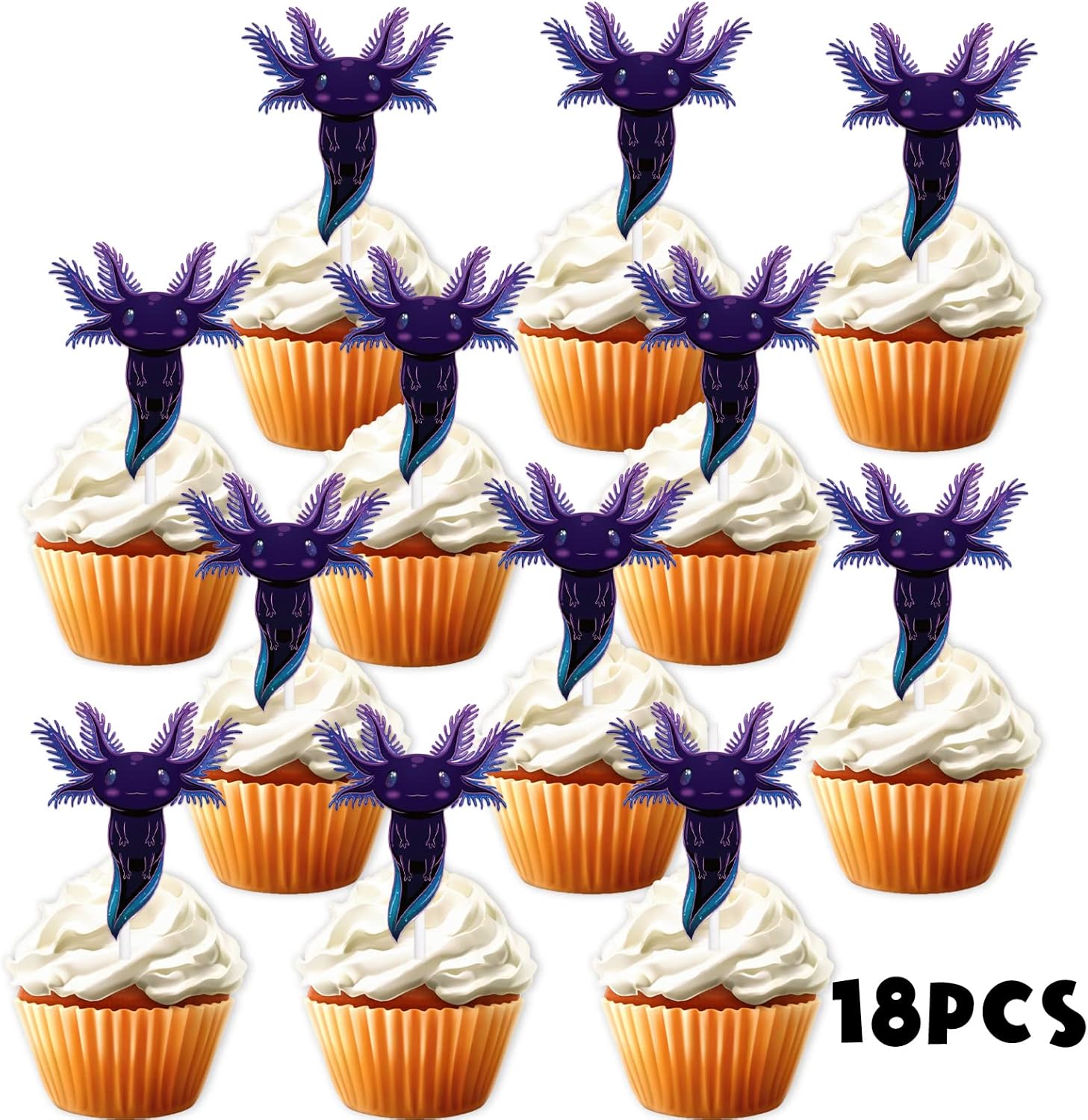 Decoración para cupcakes de postre de dibujos animados de ajolote con purpurina morada, lindo tema de animales, baby shower, niñas y niños,