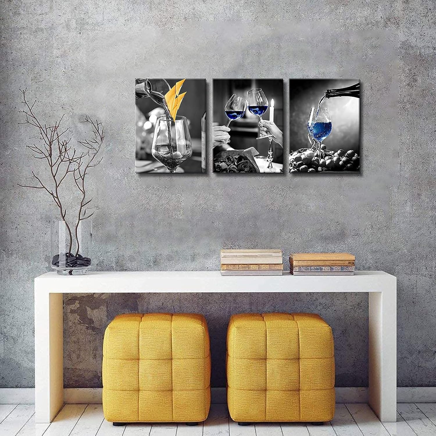 GOOSLA Decoración de pared de cocina, arte de pared de copa de vino, fácil de colgar, lienzo de alta definición, amarillo y azul, imágenes