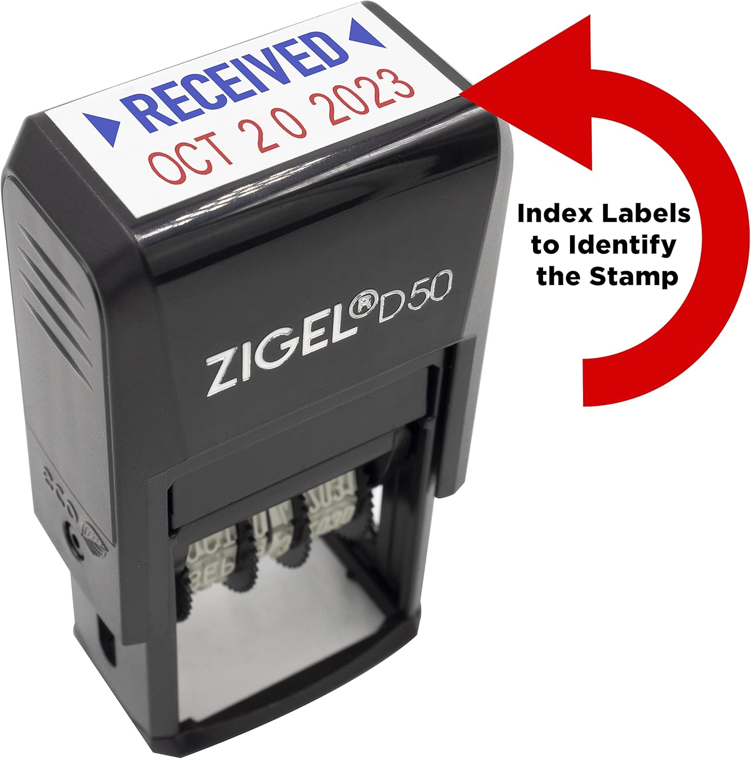ZIGEL Sello de fecha D50 con escaneado – Sello de fecha autoentintado – AzulRojo