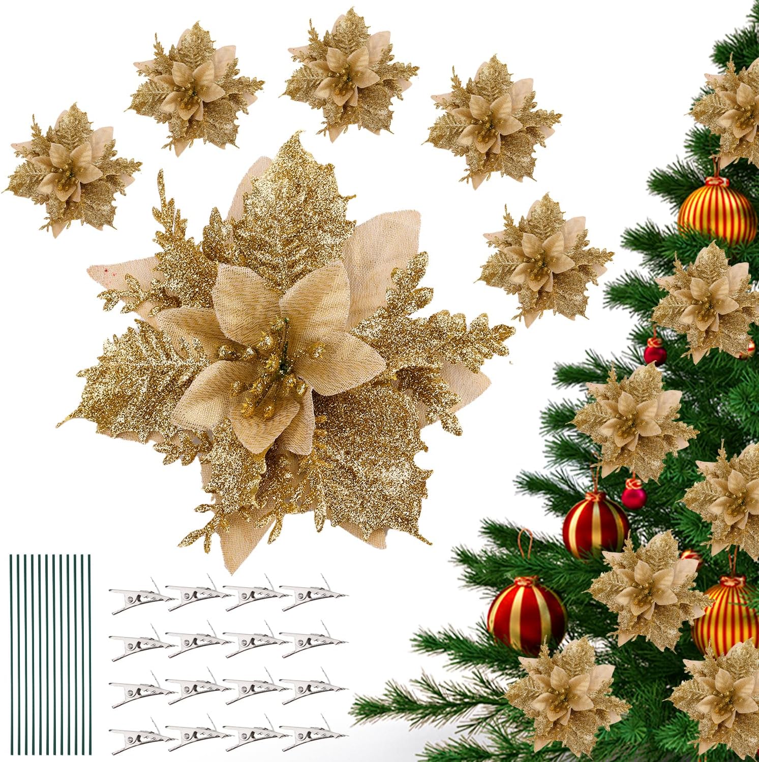 BOXOB 12 adornos de Navidad, flores de Pascua artificiales con 12 pedúnculos y 12 clips de purpurina para decoración de fiesta de árbol de Navidad