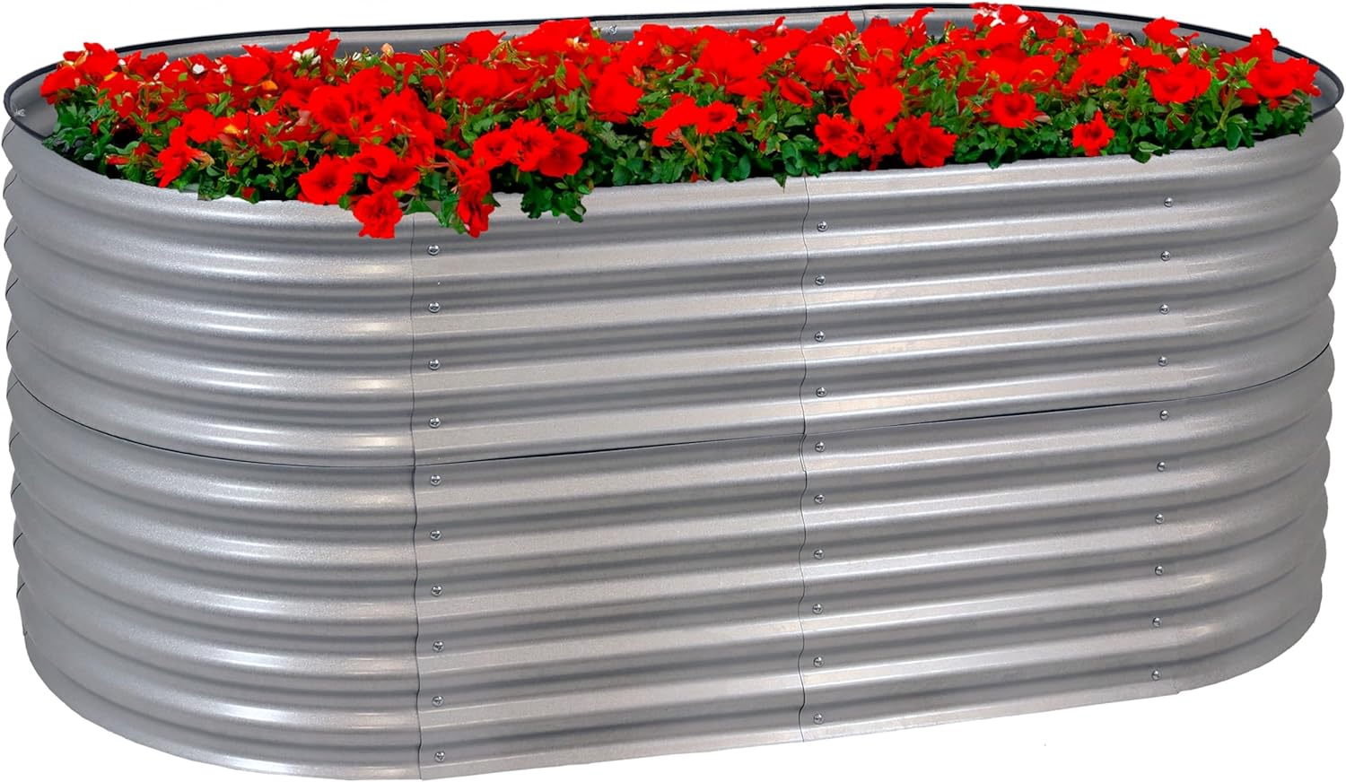 Sunnydaze Cama de jardín elevada ovalada de 79 pulgadas, kit de maceta apilable de acero para flores con borde de goma, color plateado