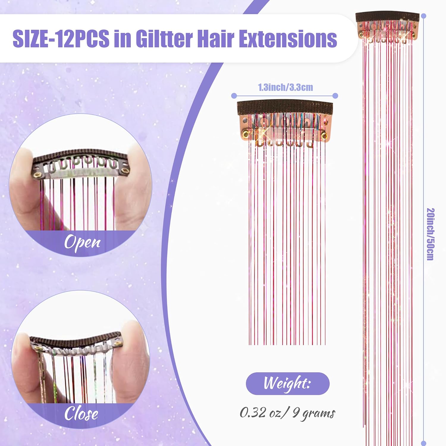 Kit de oropel con clip, 6 extensiones de cabello de oropel con clip, resistentes al calor de hadas con purpurina, accesorios para el cabello