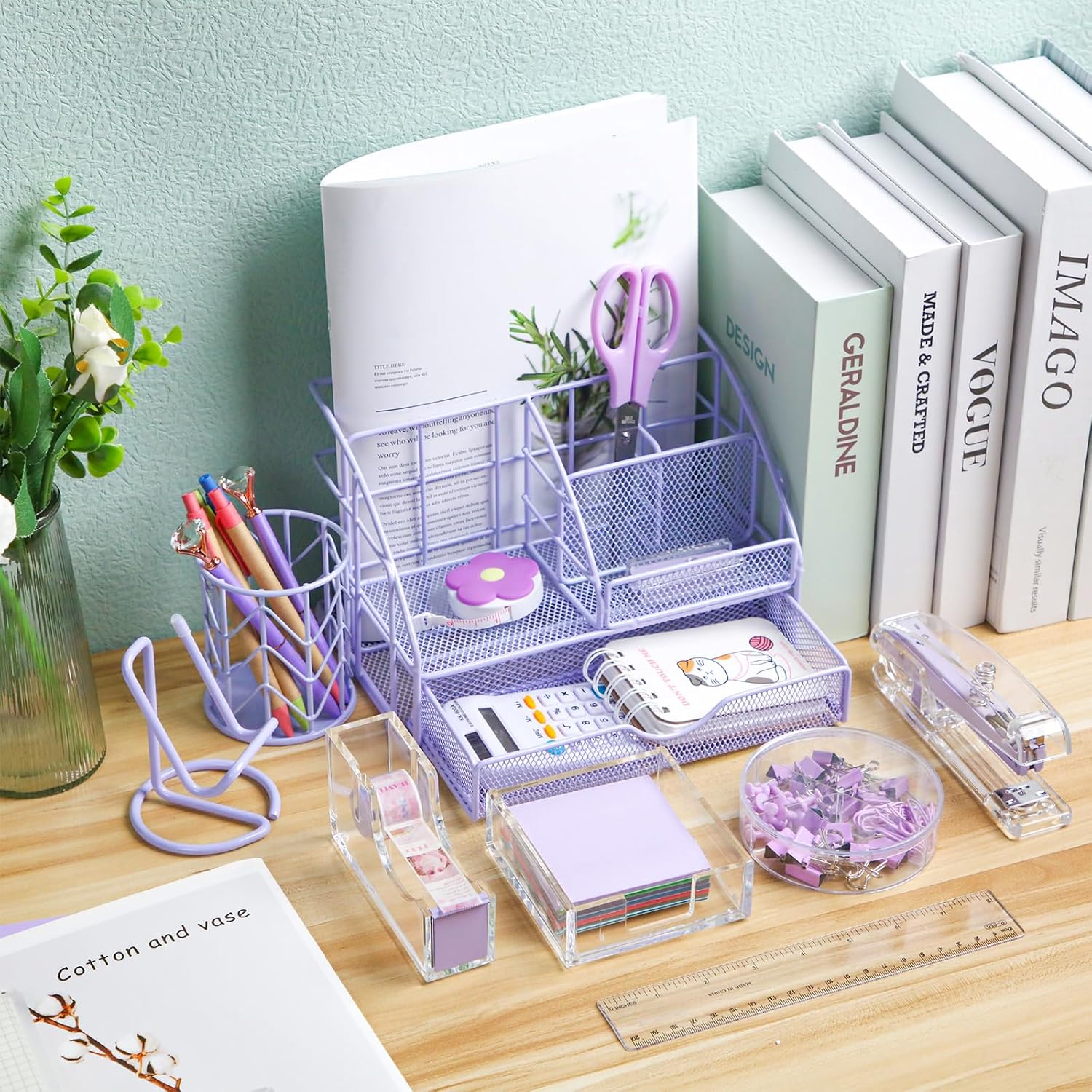 El kit de 14 accesorios de escritorio incluye grapadora, removedor de grapas, soporte para bolígrafos, caja de notas, organizador de malla metálica,