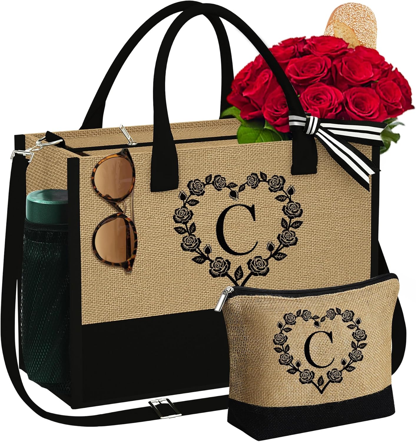 Regalos para mujeres  Bolsa de playa inicial y bolsa de maquillaje 2024, regalos de graduación, regalos de cumpleaños para ella mujer, Bolsa de