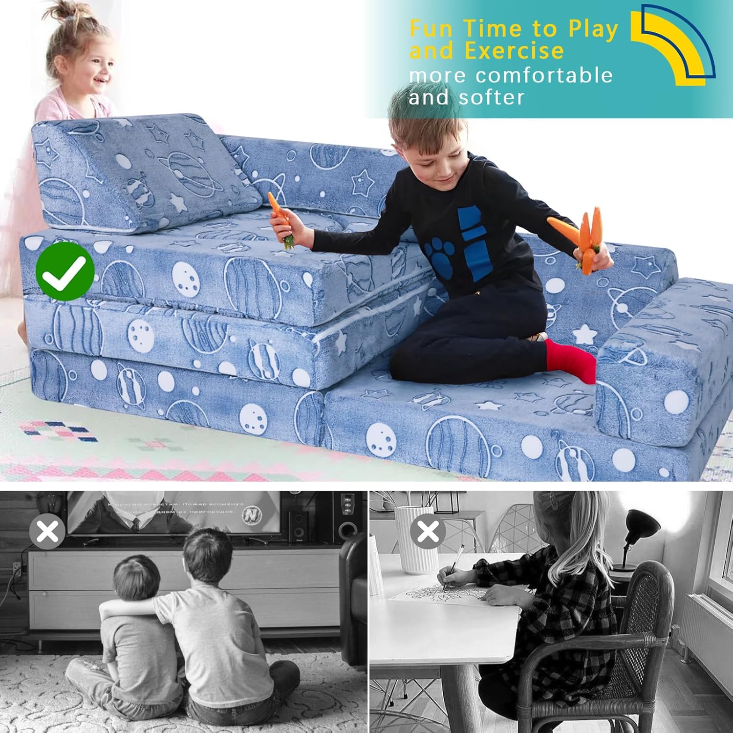 MeMoreCool Sofá infantil de 10 piezas, sofá de espacio brillante para sala de juegos, sofá de espuma plegable para niñas y niños, juego modular
