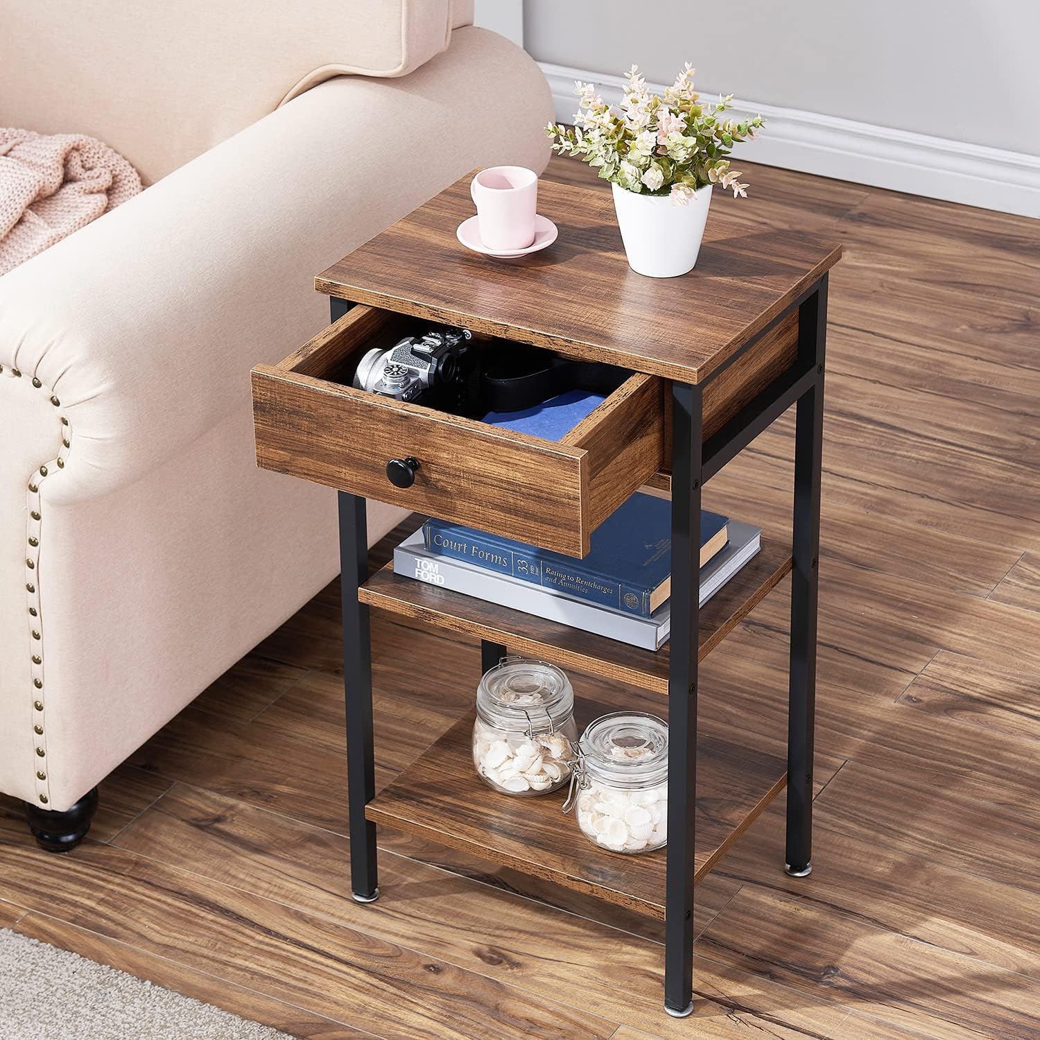 VECELO Mesita de noche, mesa auxiliar moderna con espacio de almacenamiento y cajón, mesitas de noche X-Design para sala de estar, dormitorio,