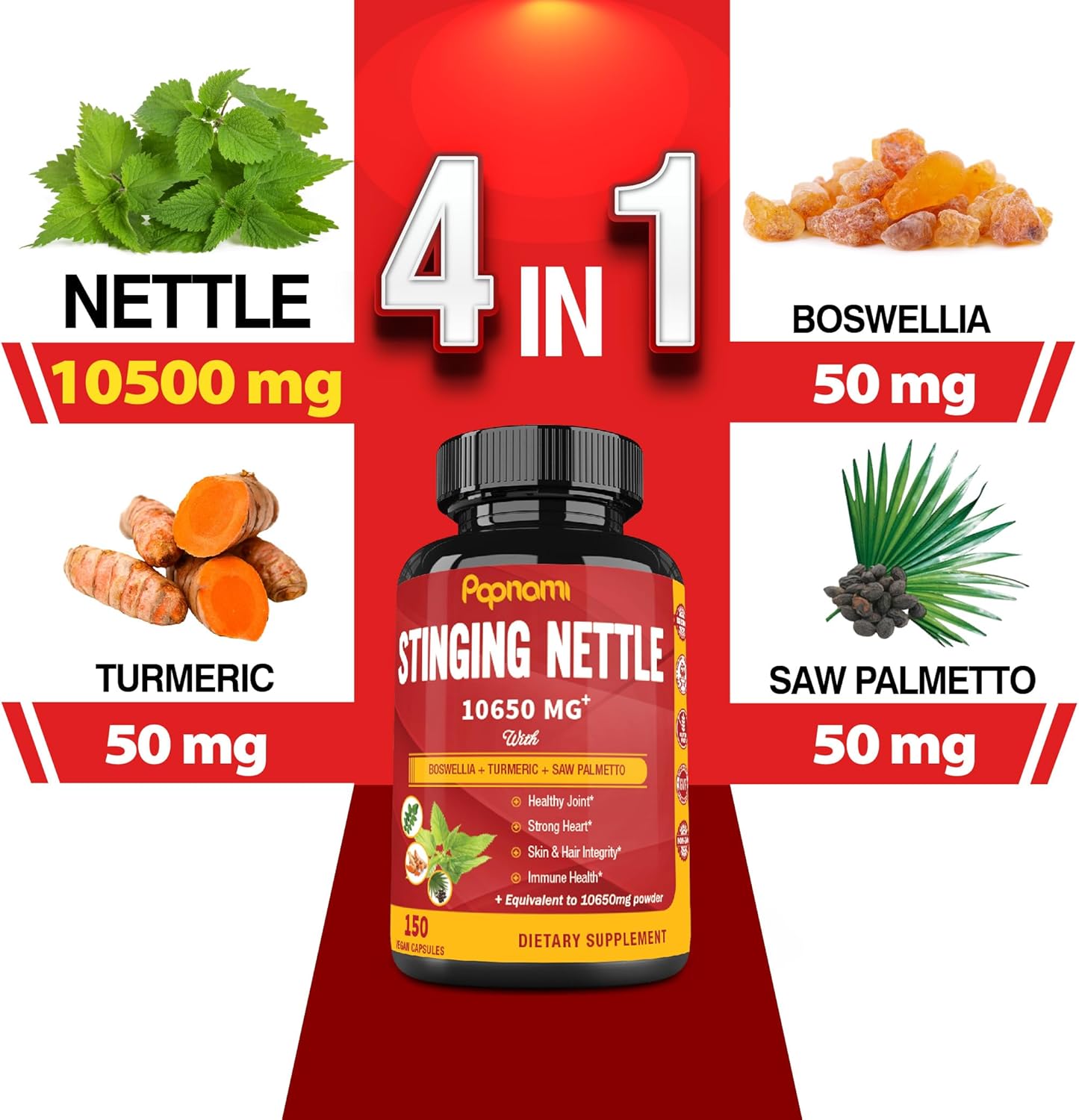 Cápsulas de extracto de ortiga picante de 10650 mg – 4 en 1 combinadas con boswellia, cúrcuma y palma enana americana – 150 unidades durante 5 meses