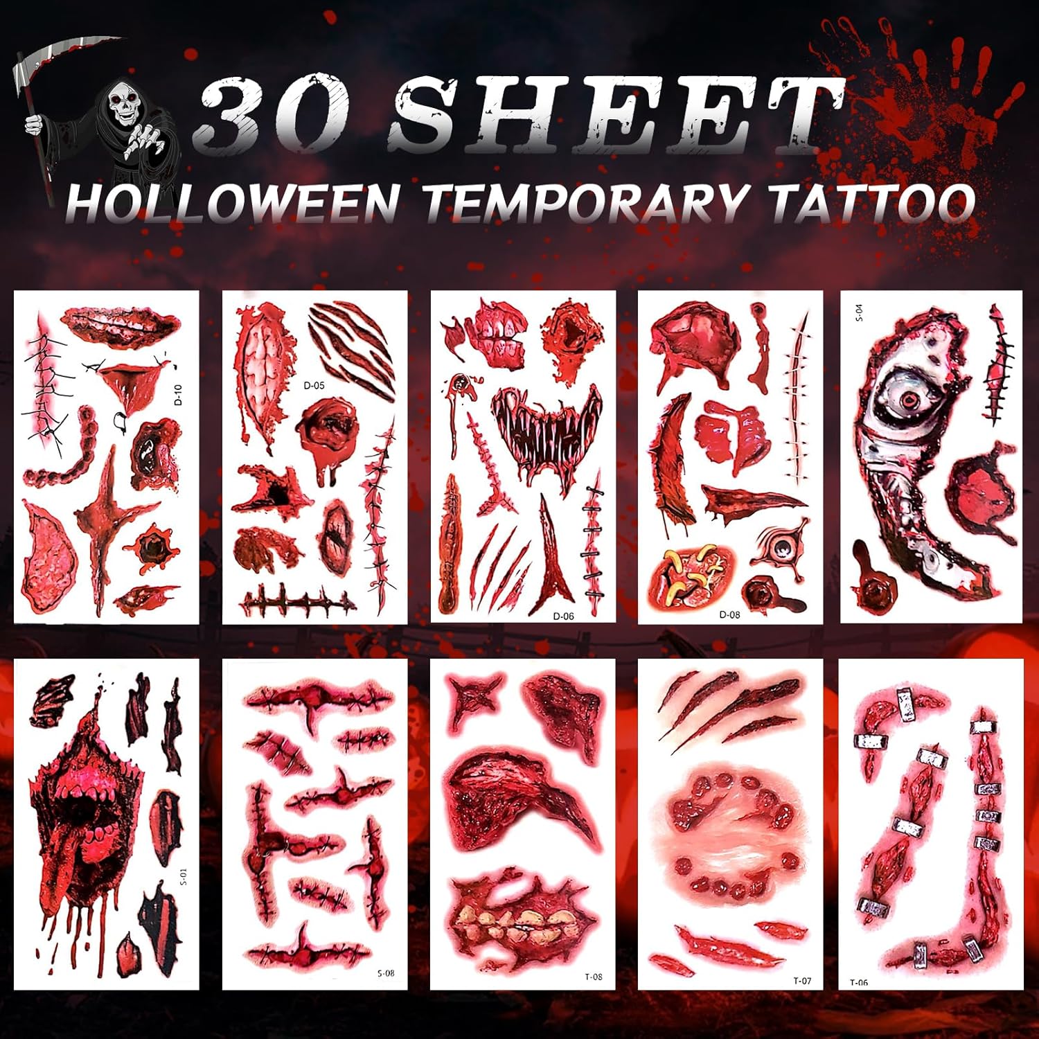 165 piezas de decoraciones de Halloween, 10 hojas de huellas de manos de sangre de Halloween, huellas de huellas de sangre, calcomanías de ventana
