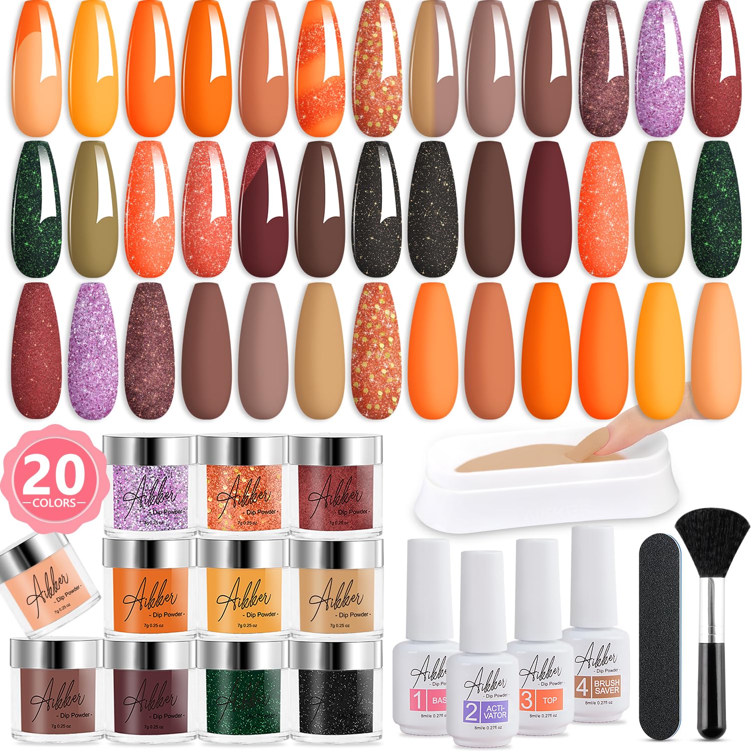 Aikker Kit de 27 piezas de polvo de inmersión para uñas, 20 colores de secado rápido, kit de inicio de polvo de inmersión con todo, capa base, capa