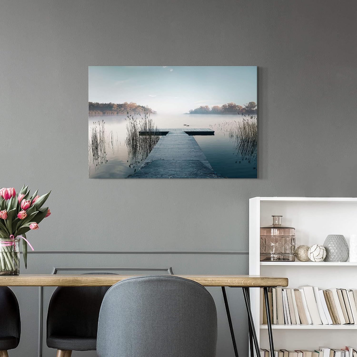 Lienzo de paisaje natural para la pared impresiones enmarcadas de escena de lago natural, puente, muelle, paisaje, pintura, obra de arte para el