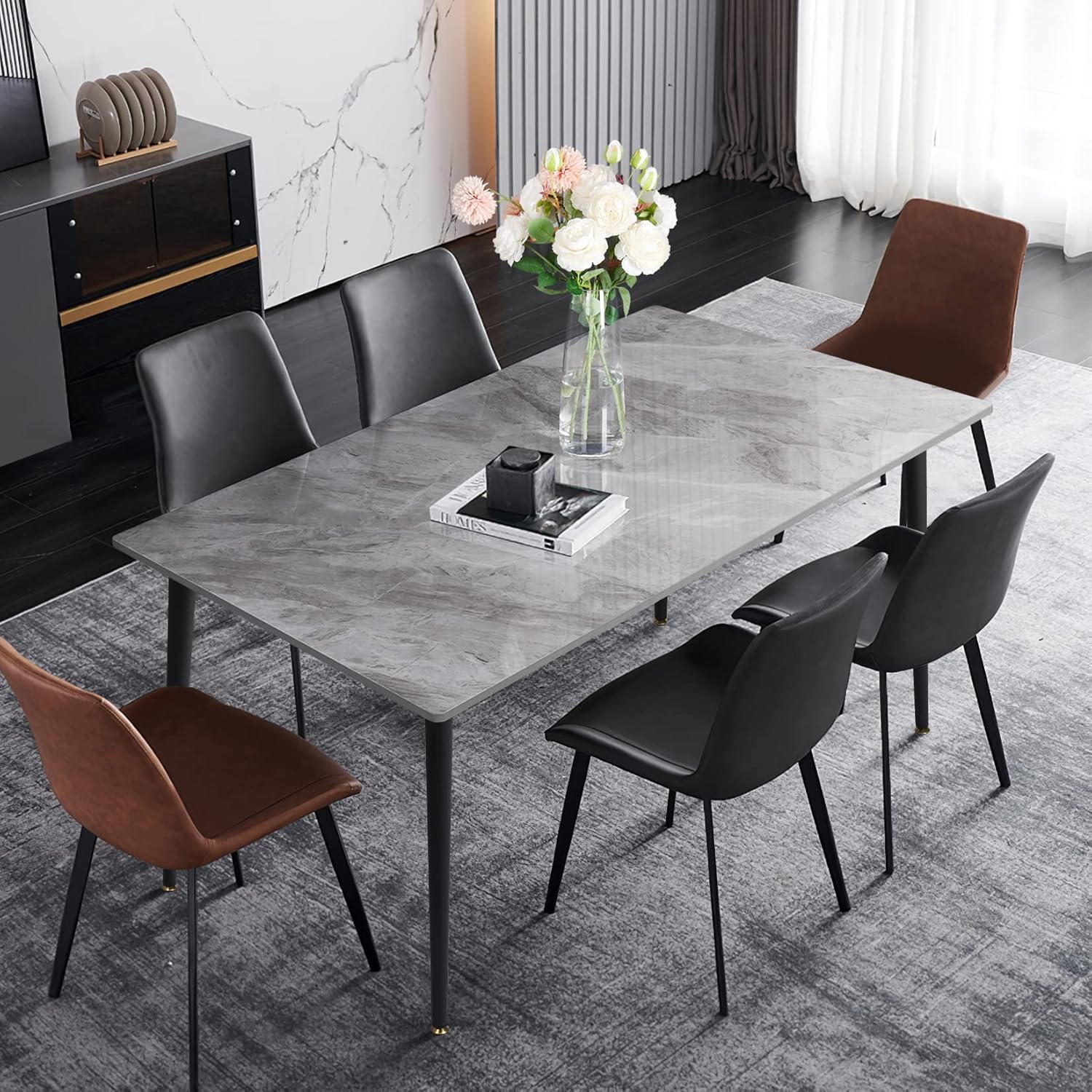 Wisfor Mesa de comedor de piedra sinterizada mesa de cocina gris de 47.2 x 27.5 pulgadas con patas de metal – Mesa de desayuno de 6 asientos para