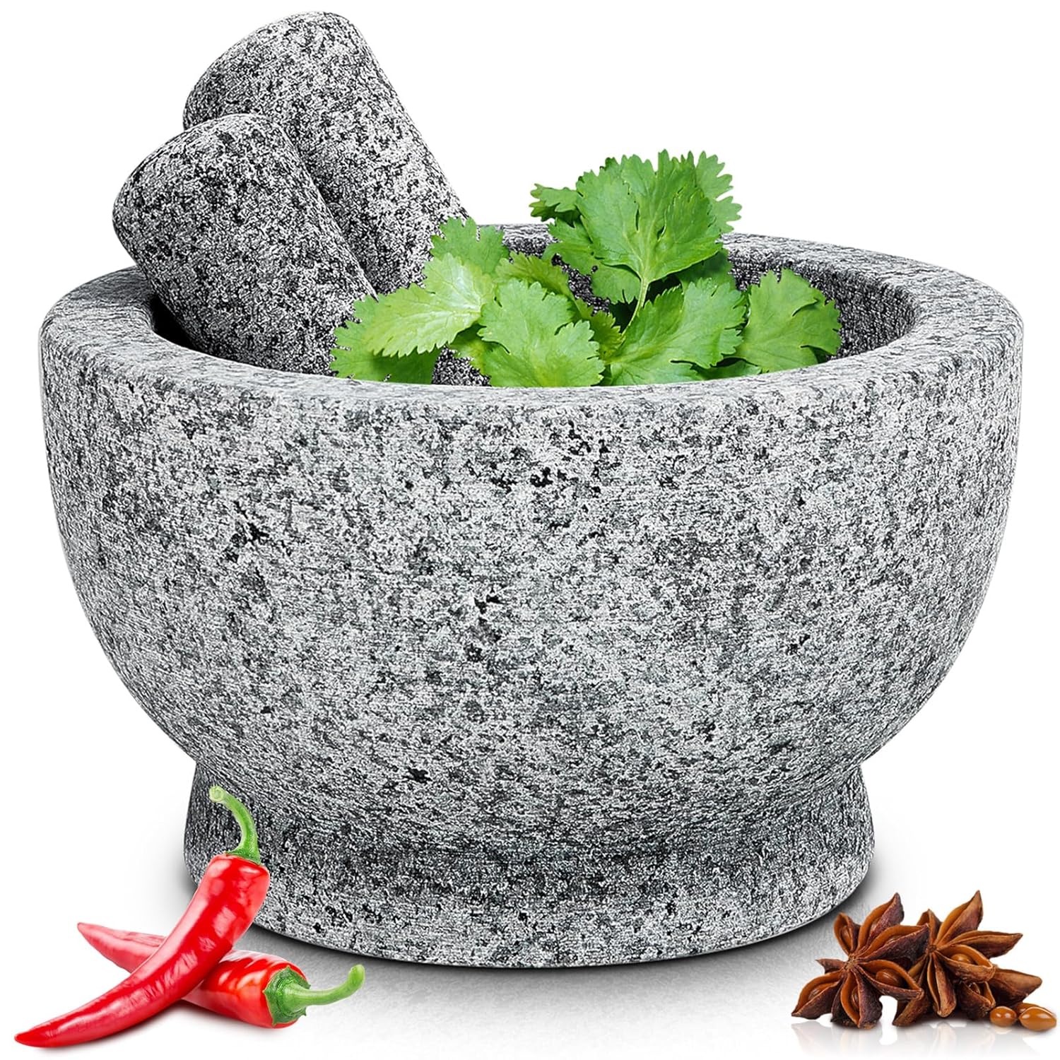 Sliner Juego de mortero y mortero grande de 8 pulgadas con capacidad para 5 tazas, cuencos de granito de guacamole con dos majas de diferentes