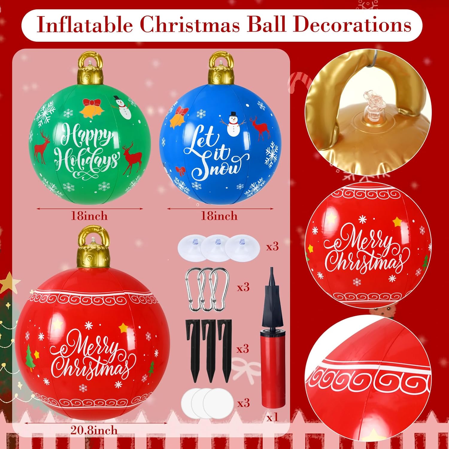 Jetec 3 bolas inflables de Navidad gigantes de PVC, adornos inflables de Feliz Navidad al aire libre, deja que la nieve explote, decoración de