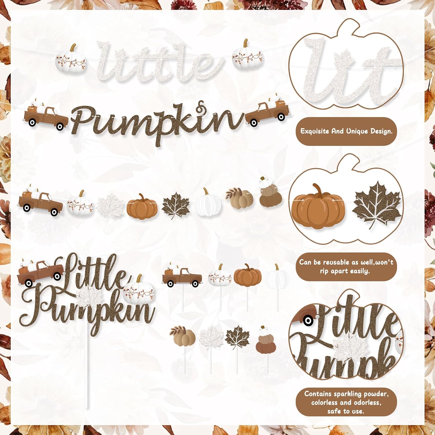 K KUMEED Decoraciones de fiesta de calabaza pequeña, pancarta de calabaza pequeña, hojas de otoño, calabaza, camión, decoración de pastel, globos de