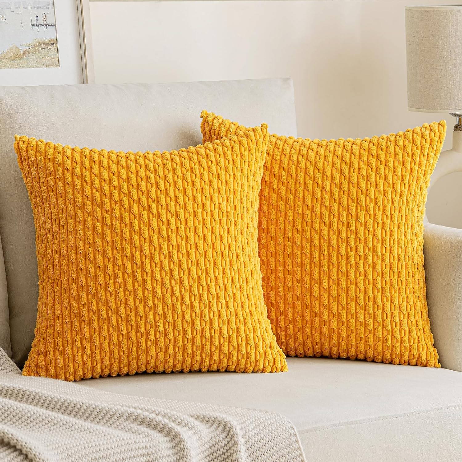 EMEMA Juego de 2 fundas de almohada de otoño de 16 x 16 pulgadas, fundas de almohada cuadradas de pana suave a rayas, decoración del hogar rural