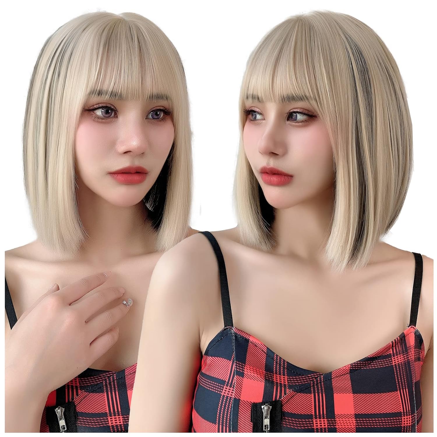 Lotfon Peluca Bob con flequillo para mujeres americanas, pelucas de pelo corto ondulado para mujer (mezcla de rubio negro)
