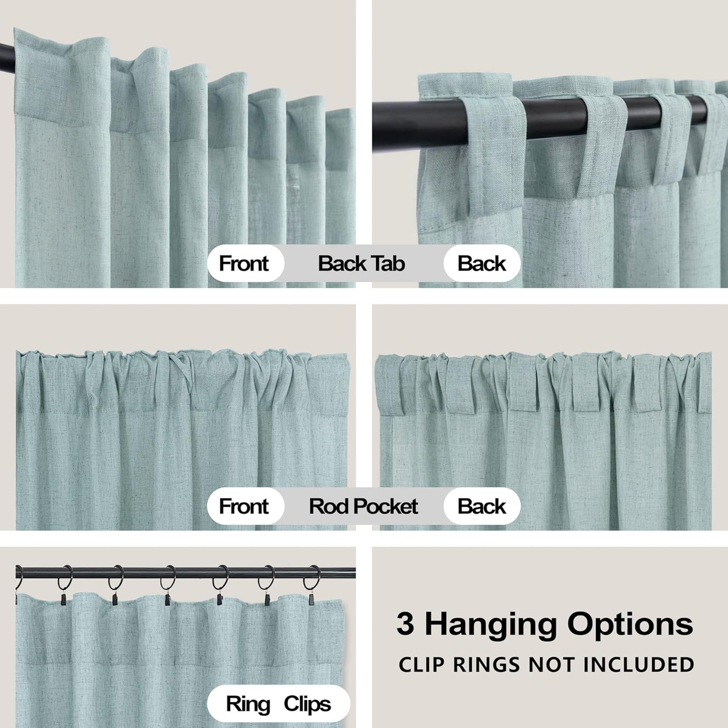 KOUFALL Cortinas transparentes de lino con bolsillo para barra de barra de color verde marino para dormitorio, 52 x 96 pulgadas de largo