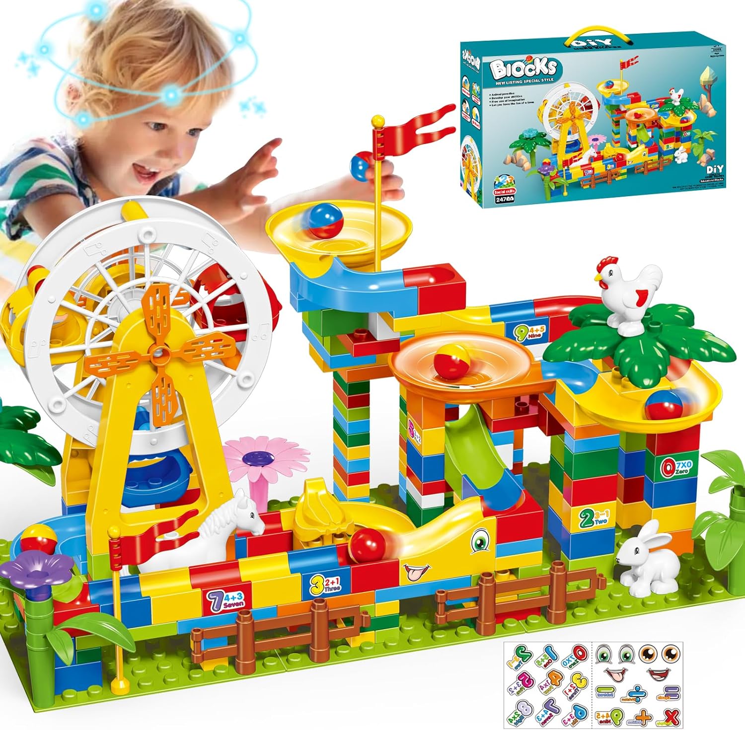 Bloques de construcción de Marble Run para niños a partir de 3 años, 247 piezas de rueda de la fortuna de mármol, laberinto de mármol, juego de