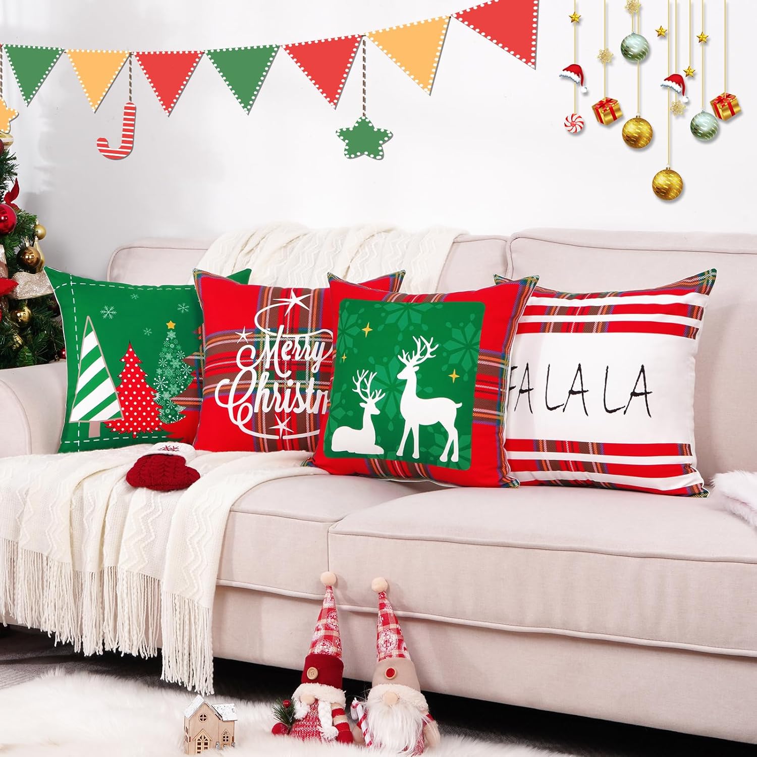 Juego de 4 fundas de almohada de Navidad de 18 x 18 pulgadas, diseño de búfalo, a cuadros, rojo y verde, decoraciones de Navidad, funda de cojín