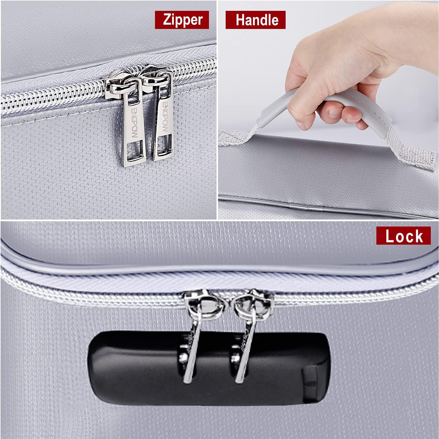 ENGPOW Pequeña funda organizadora de almacenamiento ignífuga con cerradura (9.4 x 5.9 x 3.2 pulgadas), 3 capas seguras para dinero, tarjeta,