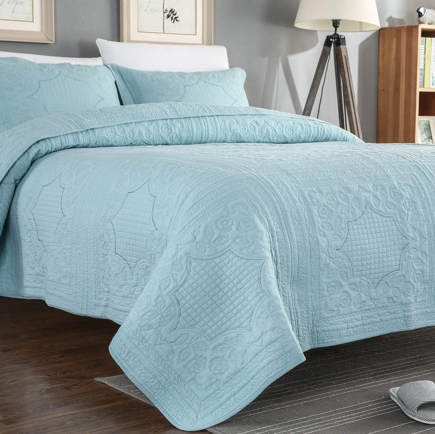 Brandream Juego de ropa de cama de lujo de granja 100% algodón, tamaño Queen, King, vintage, elegante, juego de colcha acolchada azul aguamarina (98