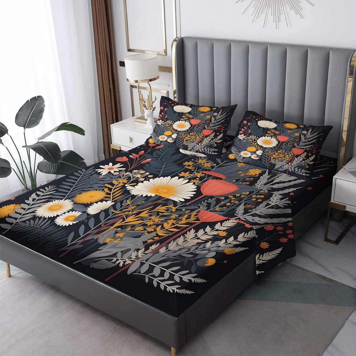 zcsm Wildflower Sheets California King – Sábanas de cama botánicas, microfibra suave y bolsillo profundo, sábanas y fundas de almohada estampadas