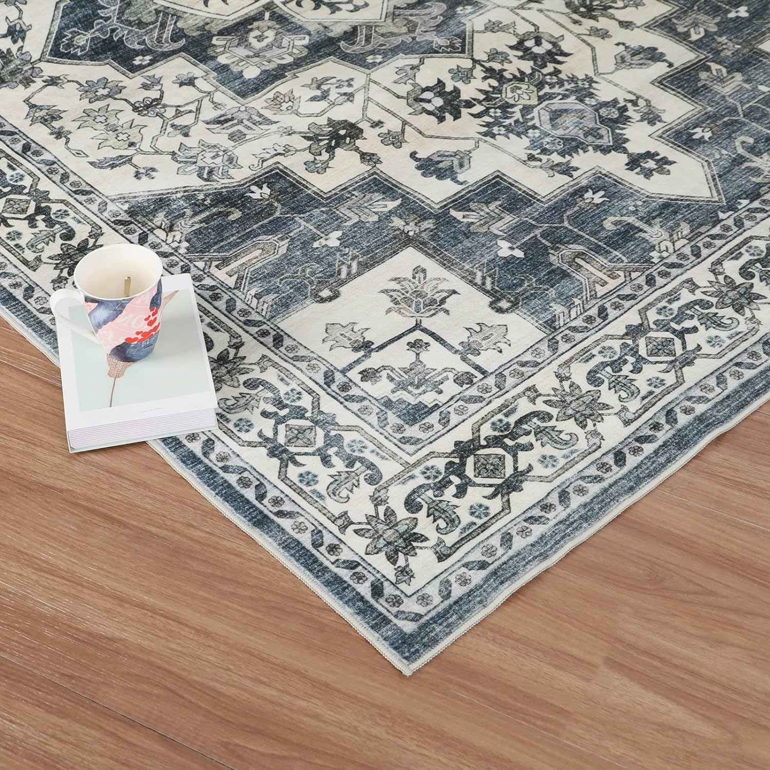 Dripex Alfombra vintage lavable de 5 x 8 pies, estilo bohemio, envejecida, para sala de estar, dormitorio, medallón oriental con estampado floral,